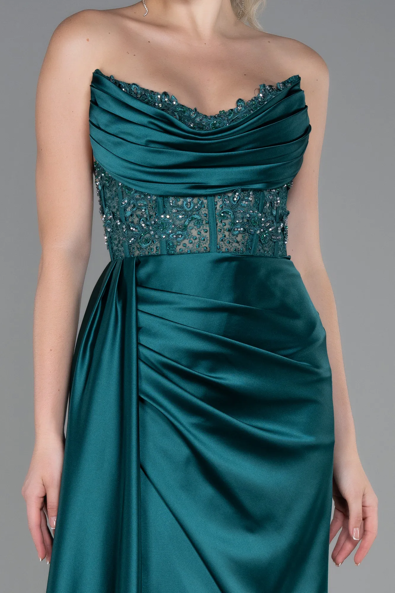 Emerald Green-Long Satin Evening Dress ABU3447