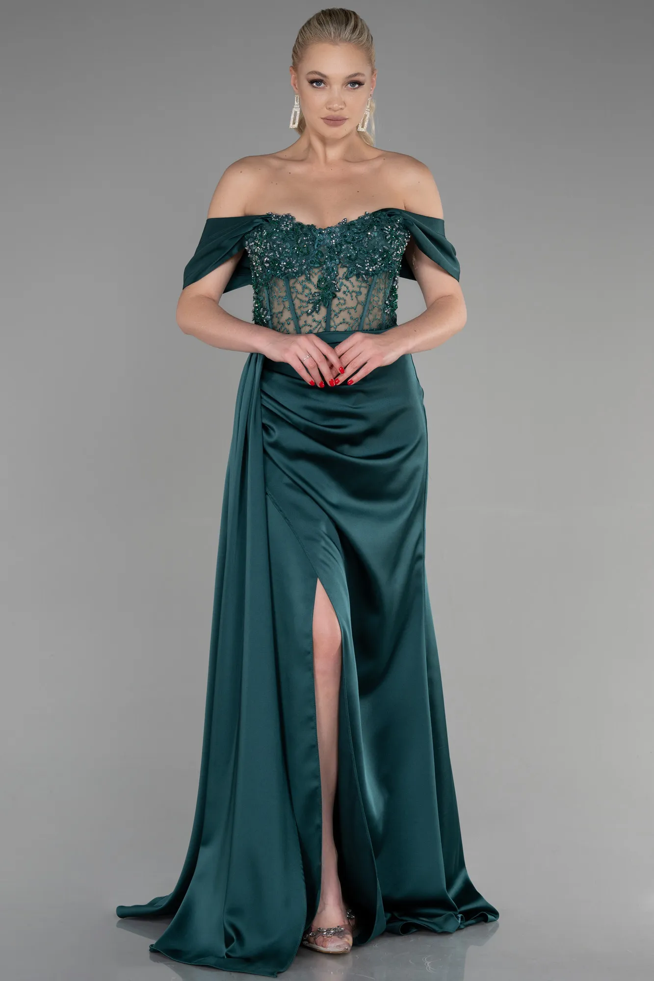 Emerald Green-Long Satin Evening Dress ABU3448