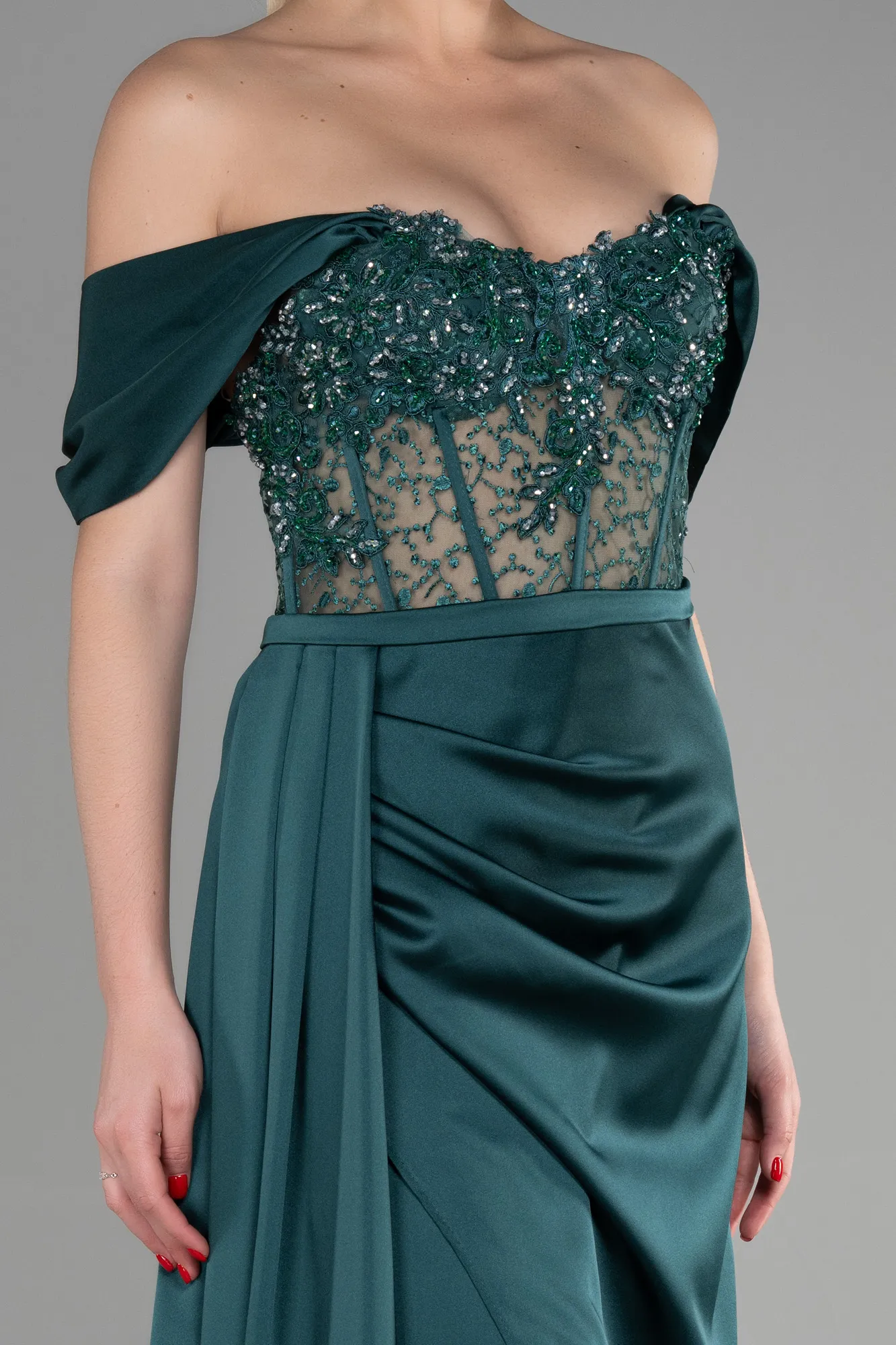 Emerald Green-Long Satin Evening Dress ABU3448