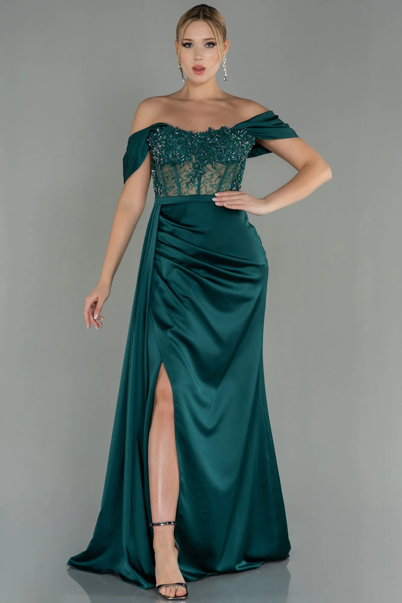 Emerald Green-Long Satin Evening Dress ABU3448