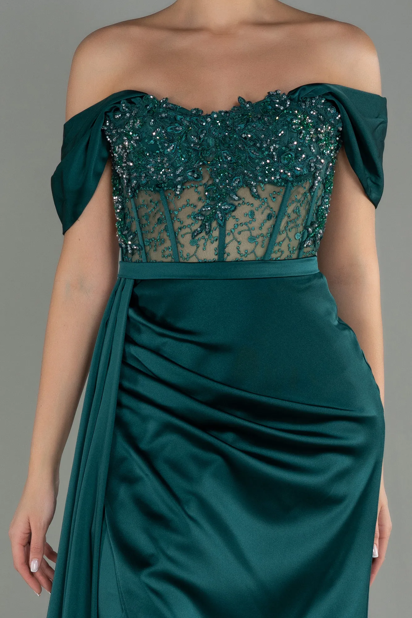 Emerald Green-Long Satin Evening Dress ABU3448