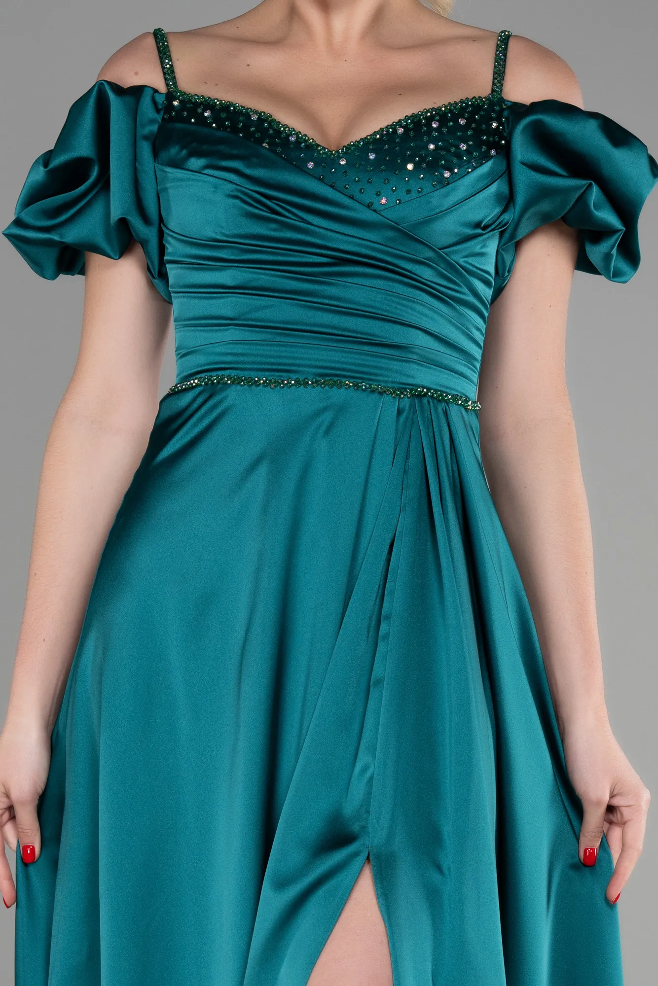 Emerald Green-Long Satin Evening Dress ABU3457