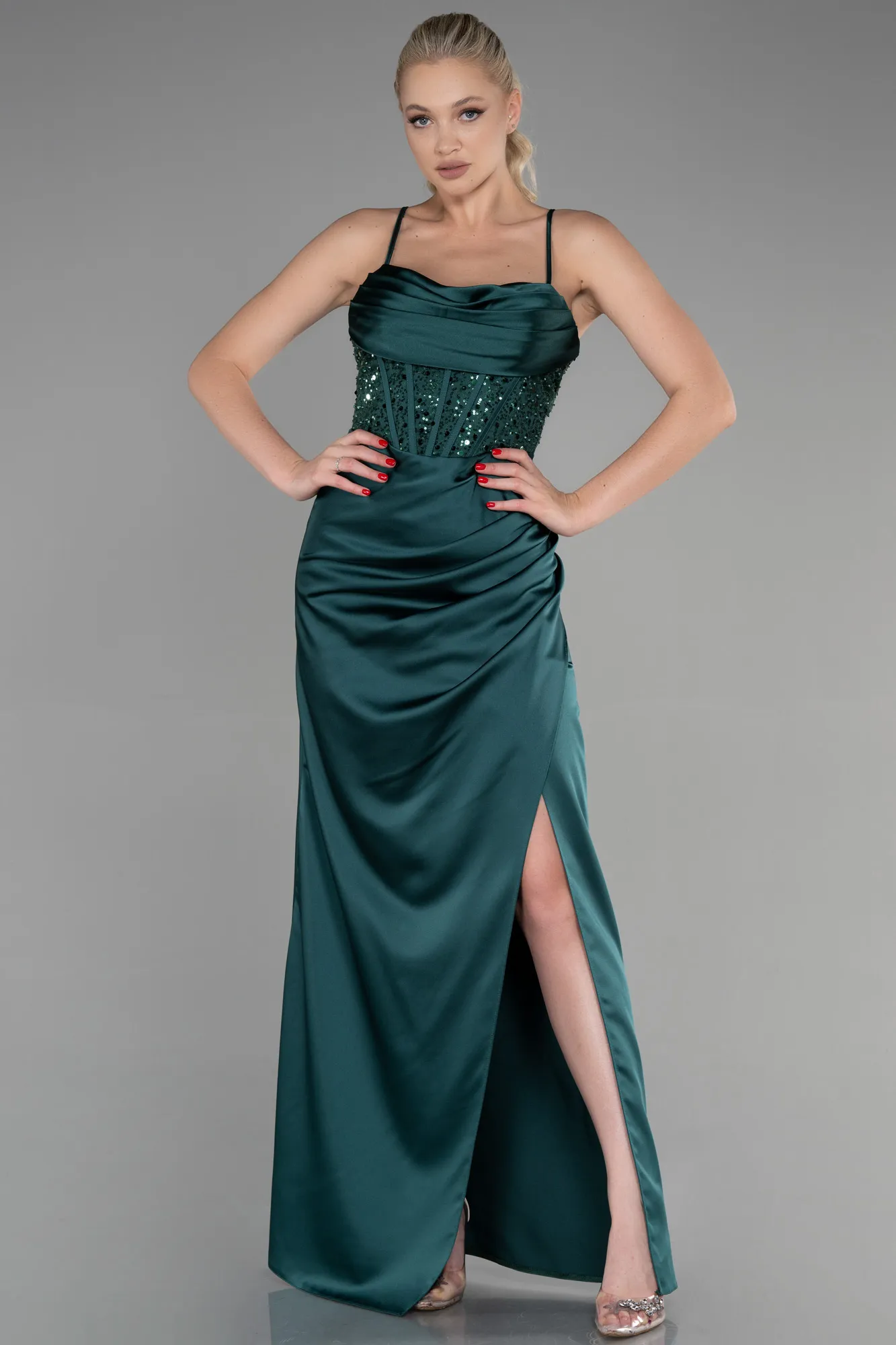 Emerald Green-Long Satin Evening Dress ABU3459