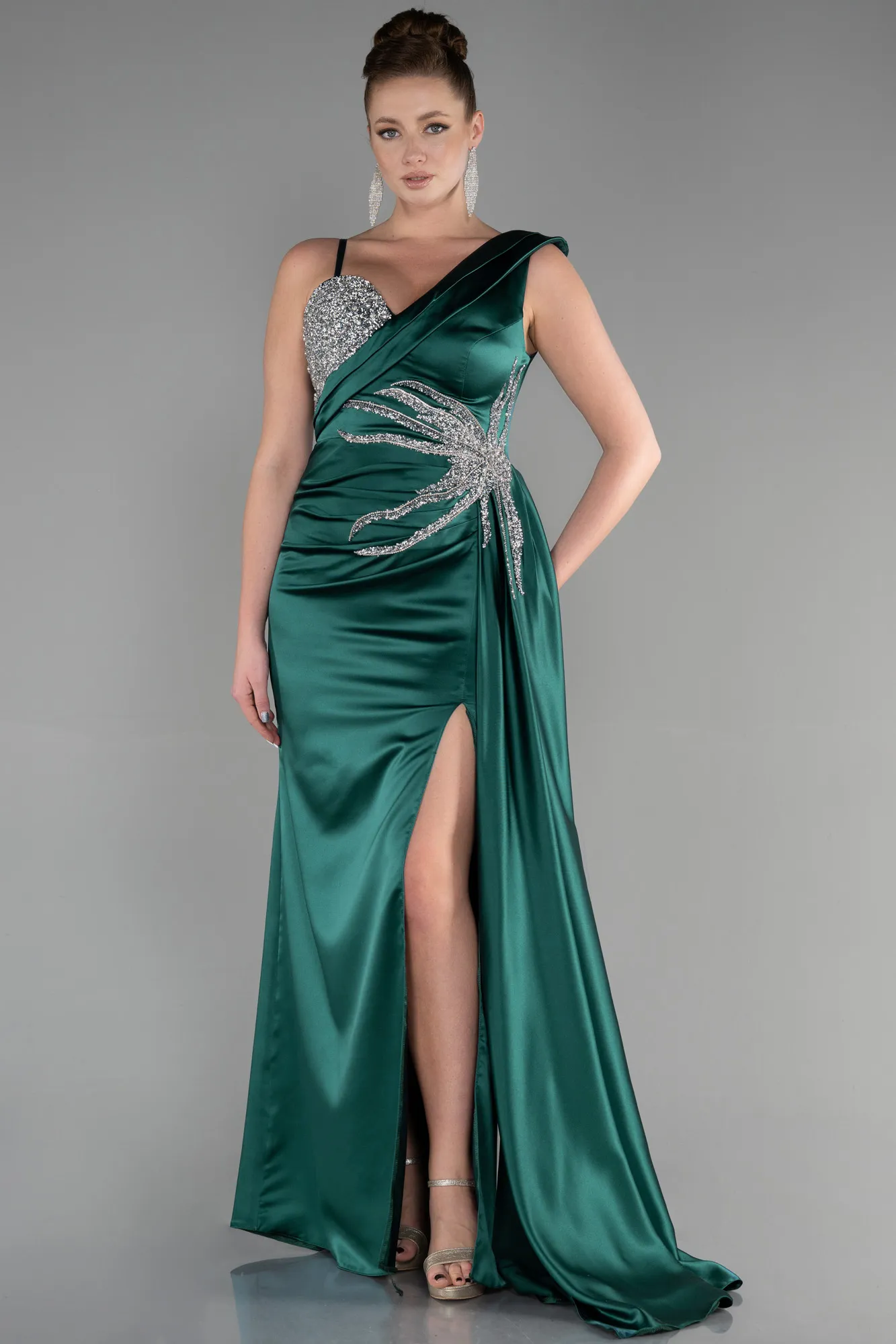 Emerald Green-Long Satin Evening Dress ABU3546