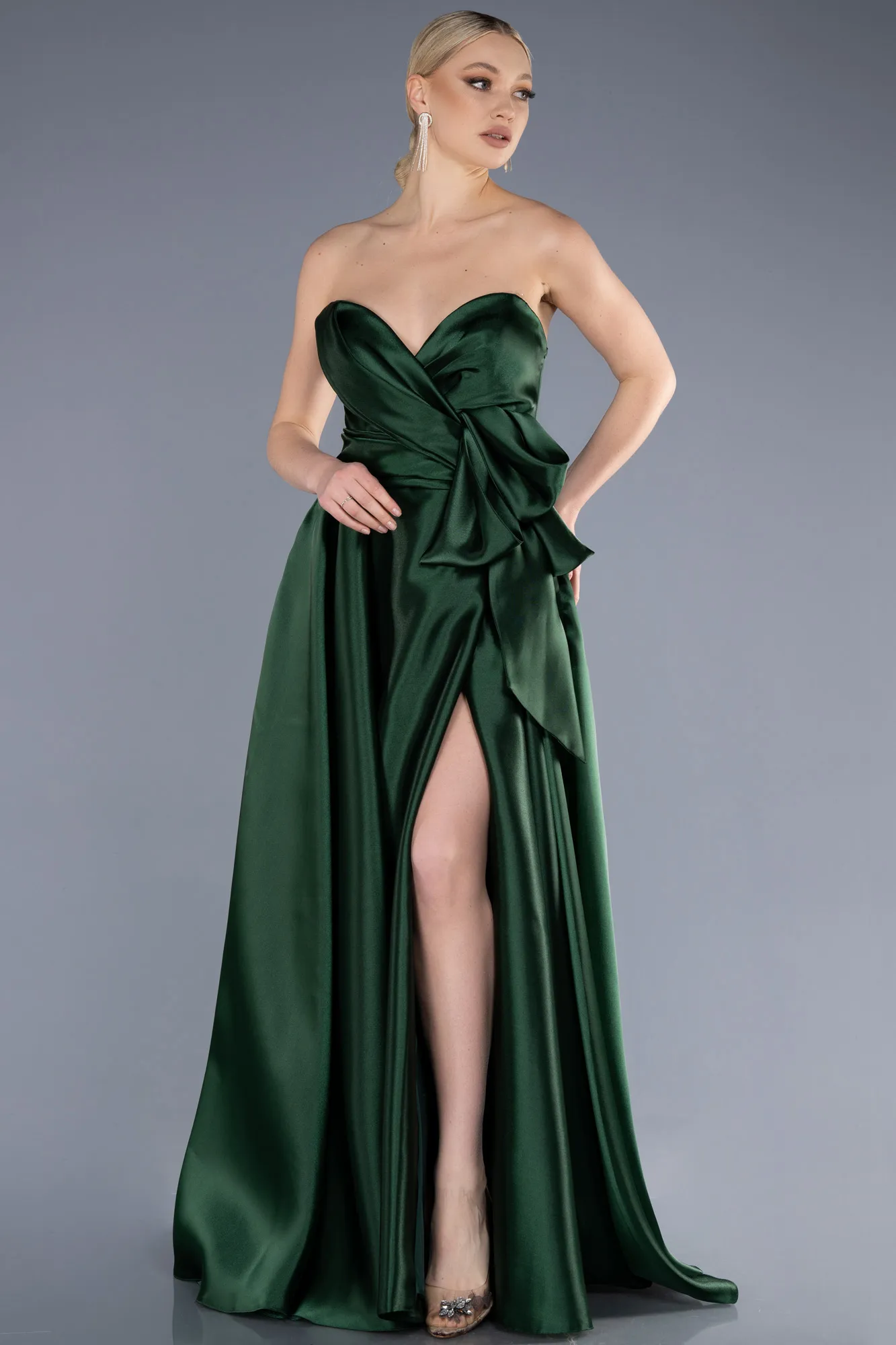Emerald Green-Long Satin Evening Dress ABU3674
