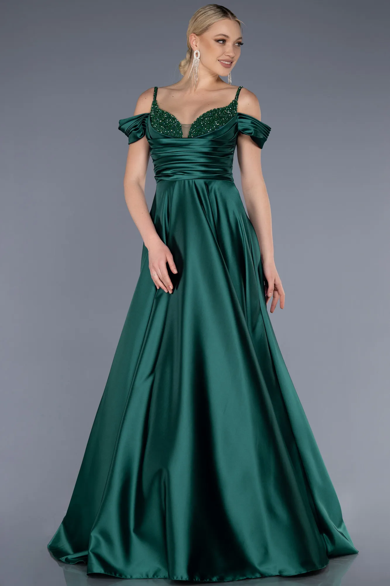 Emerald Green-Long Satin Evening Dress ABU3678
