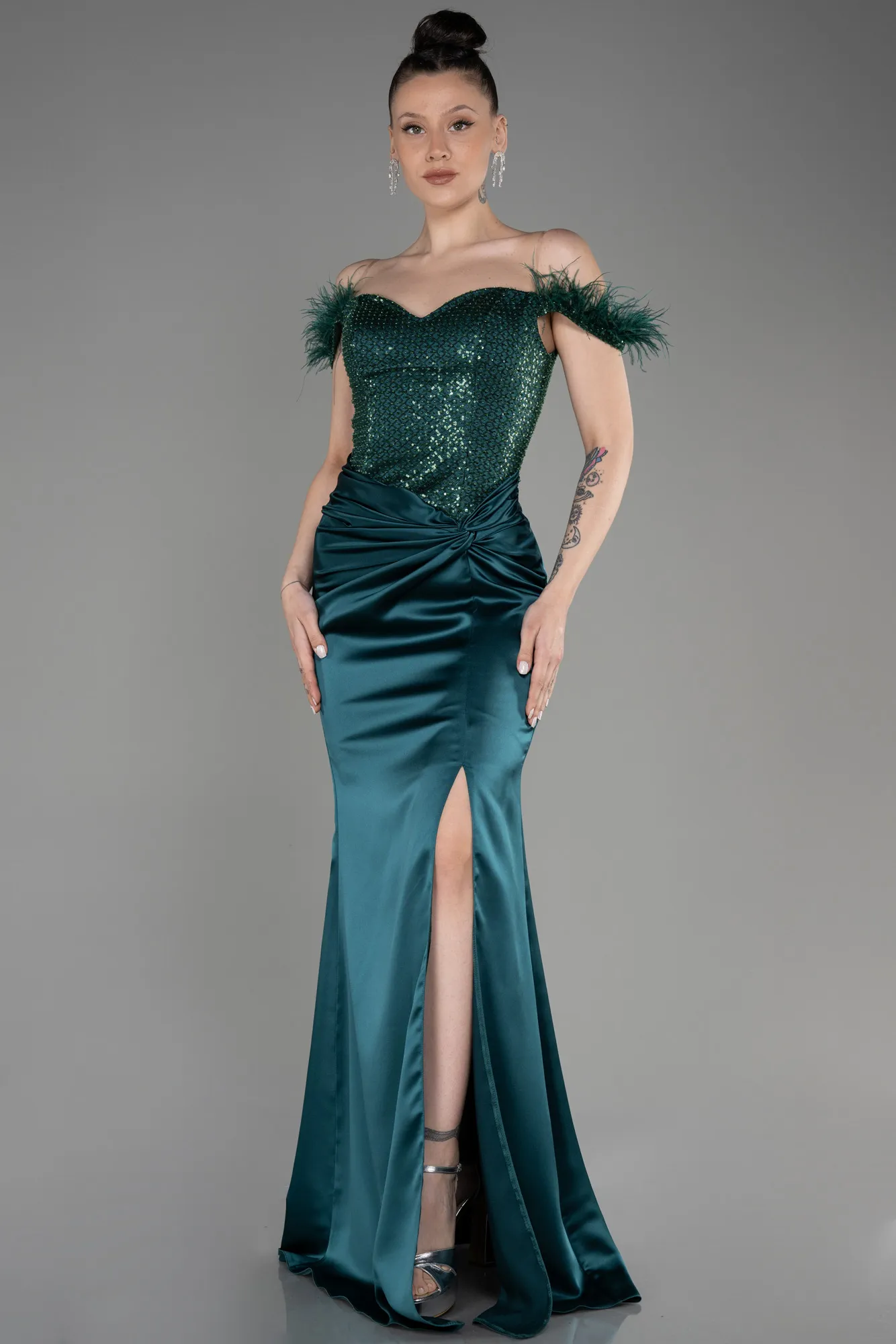 Emerald Green-Long Satin Evening Dress ABU3806