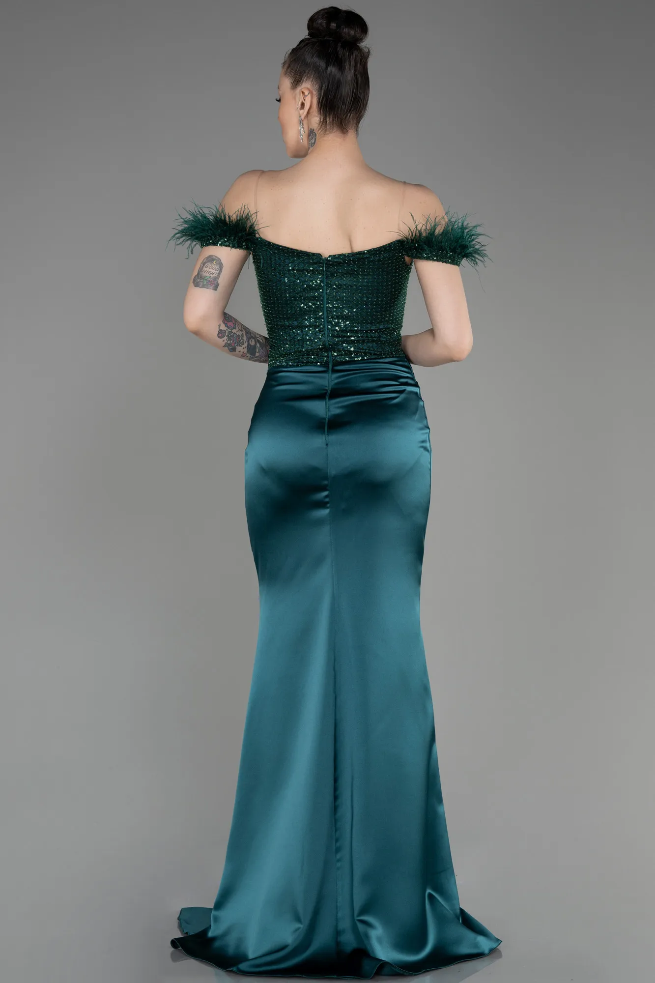 Emerald Green-Long Satin Evening Dress ABU3806