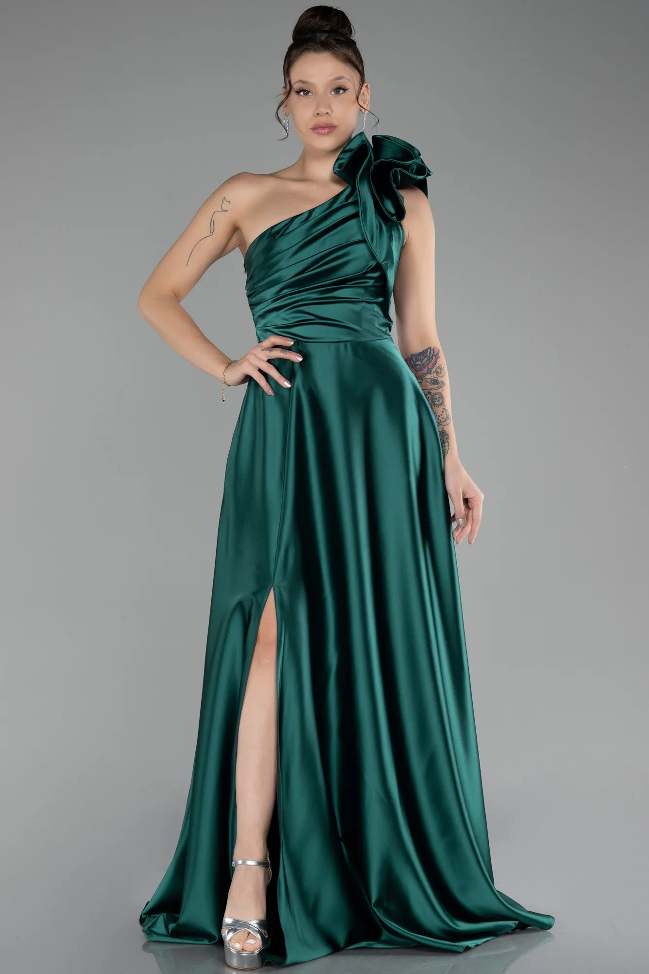 Emerald Green-Long Satin Evening Dress ABU4189