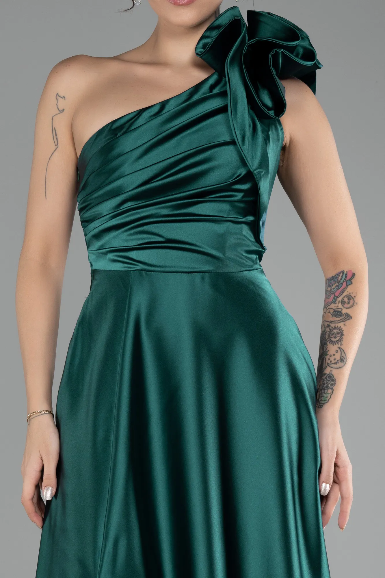 Emerald Green-Long Satin Evening Dress ABU4189