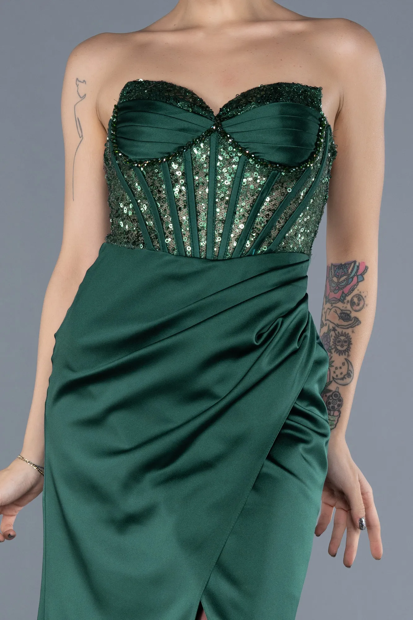 Emerald Green-Long Satin Evening Dress ABU4568