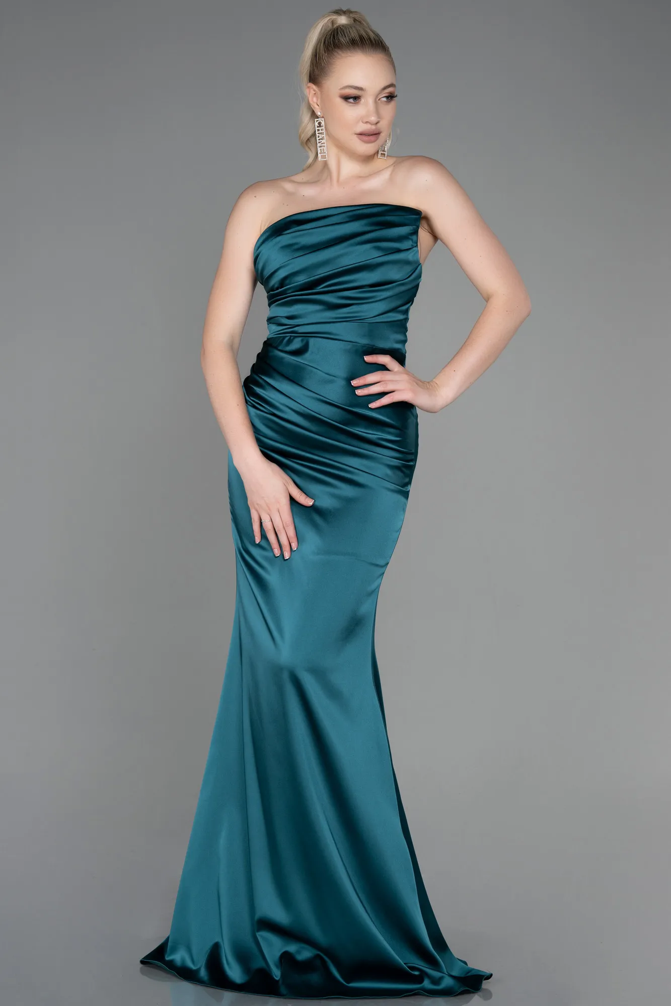 Emerald Green-Long Satin Mermaid Evening Dress ABU3232