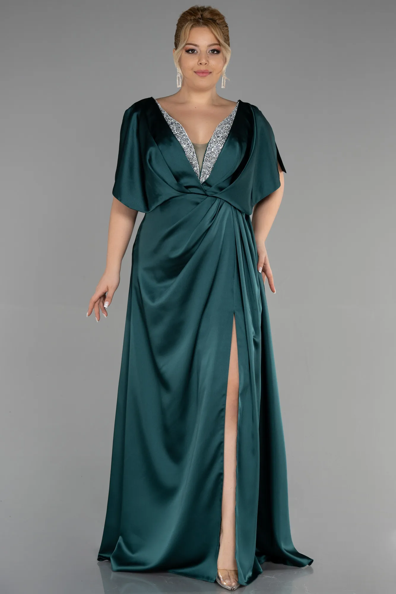 Emerald Green-Long Satin Plus Size Engagement Dress ABU3442