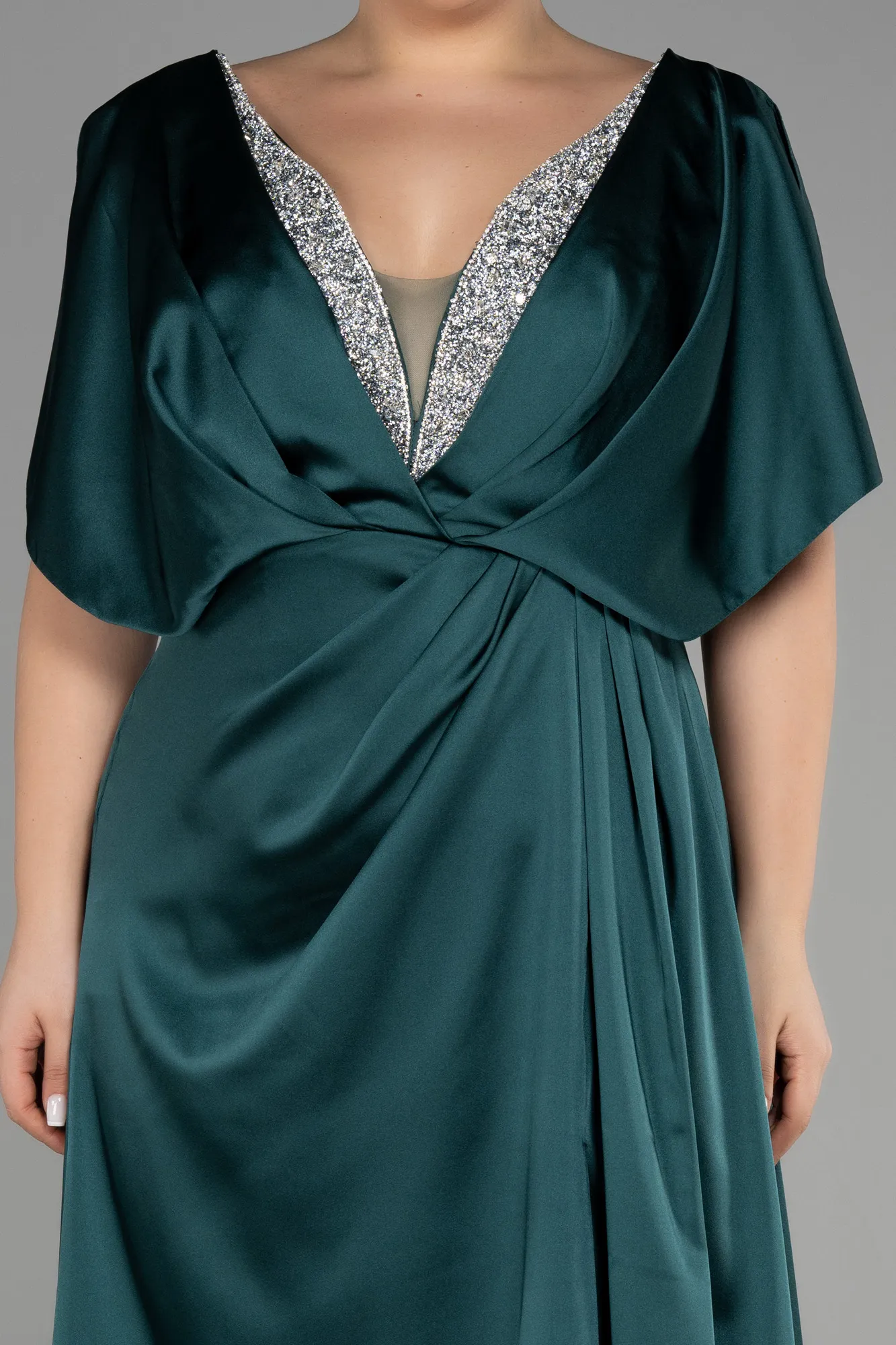 Emerald Green-Long Satin Plus Size Engagement Dress ABU3442