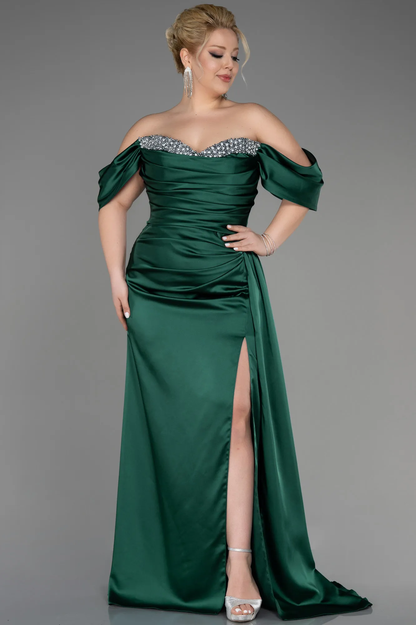Emerald Green-Long Satin Plus Size Engagement Dress ABU3655
