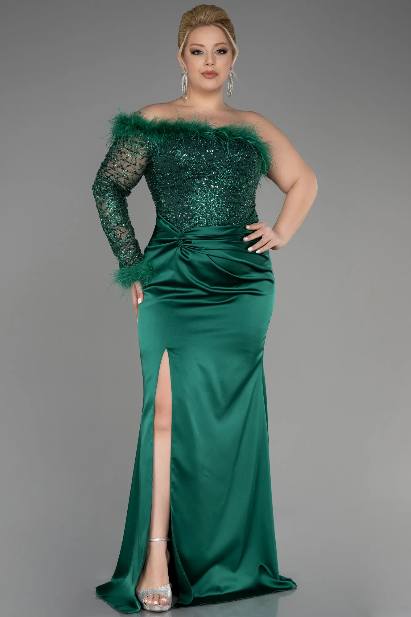 Emerald Green-Long Satin Plus Size Engagement Dress ABU3741