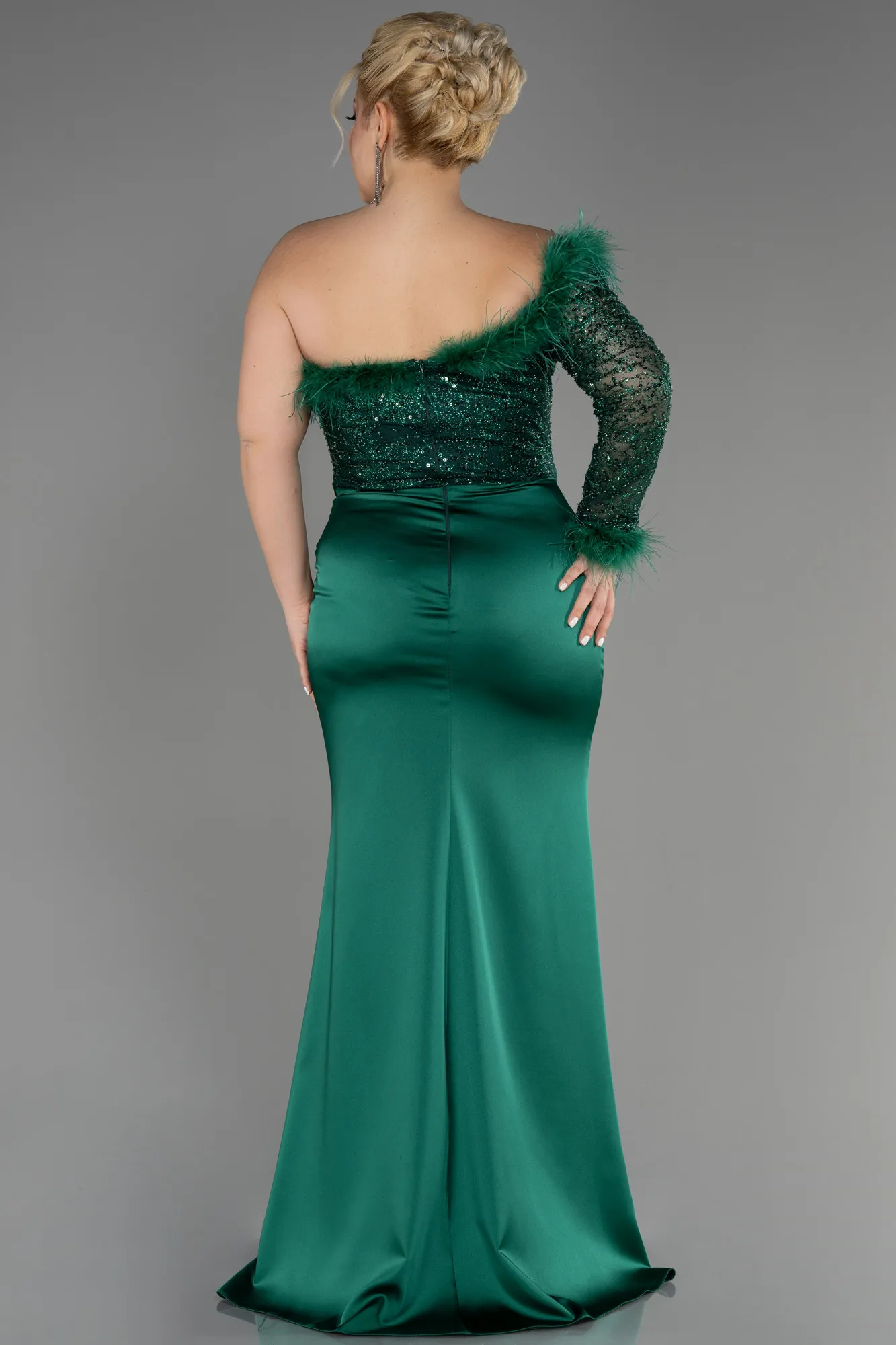 Emerald Green-Long Satin Plus Size Engagement Dress ABU3741