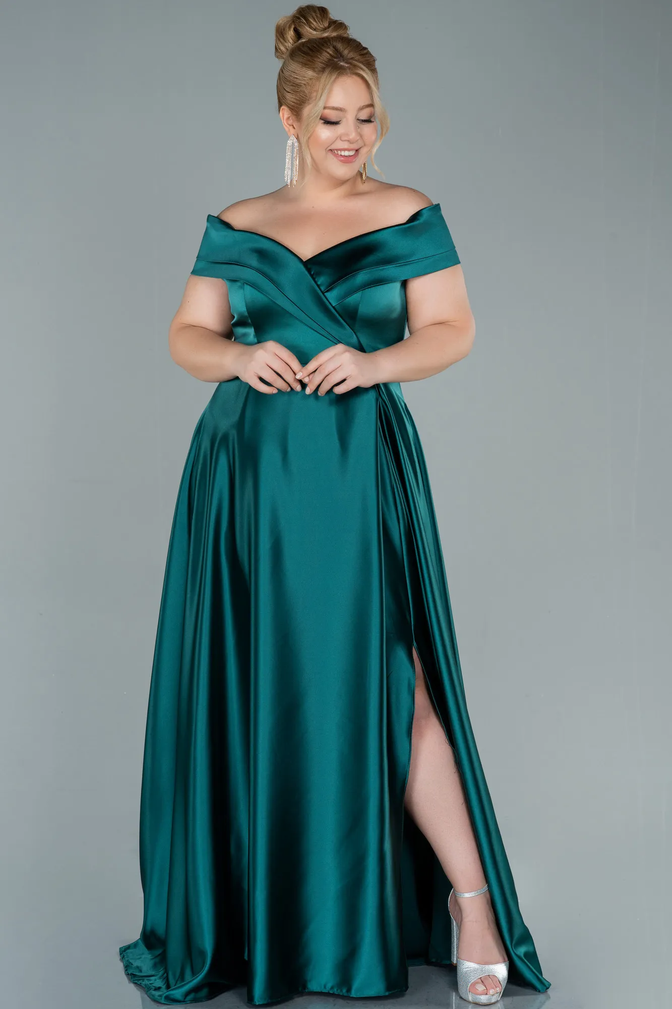 Emerald Green-Long Satin Plus Size Evening Dress ABU2355