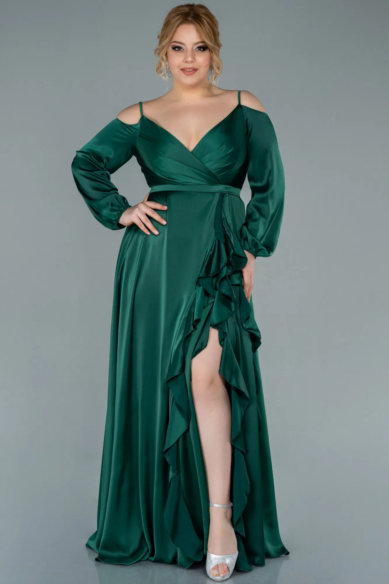 Emerald Green-Long Satin Plus Size Evening Dress ABU2358
