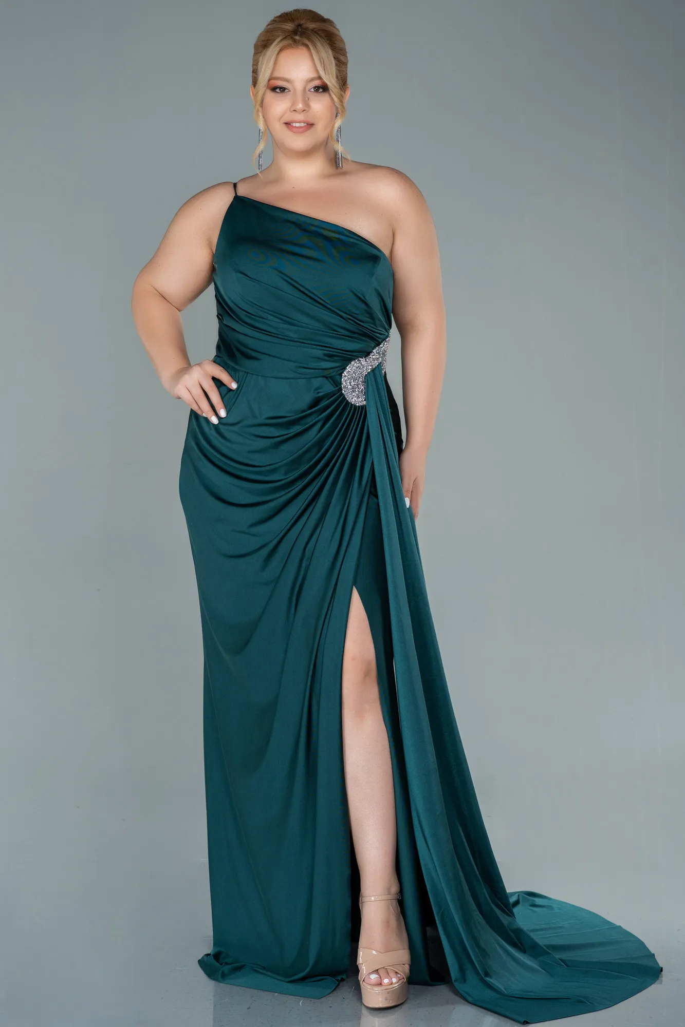 Emerald Green-Long Satin Plus Size Evening Dress ABU2532