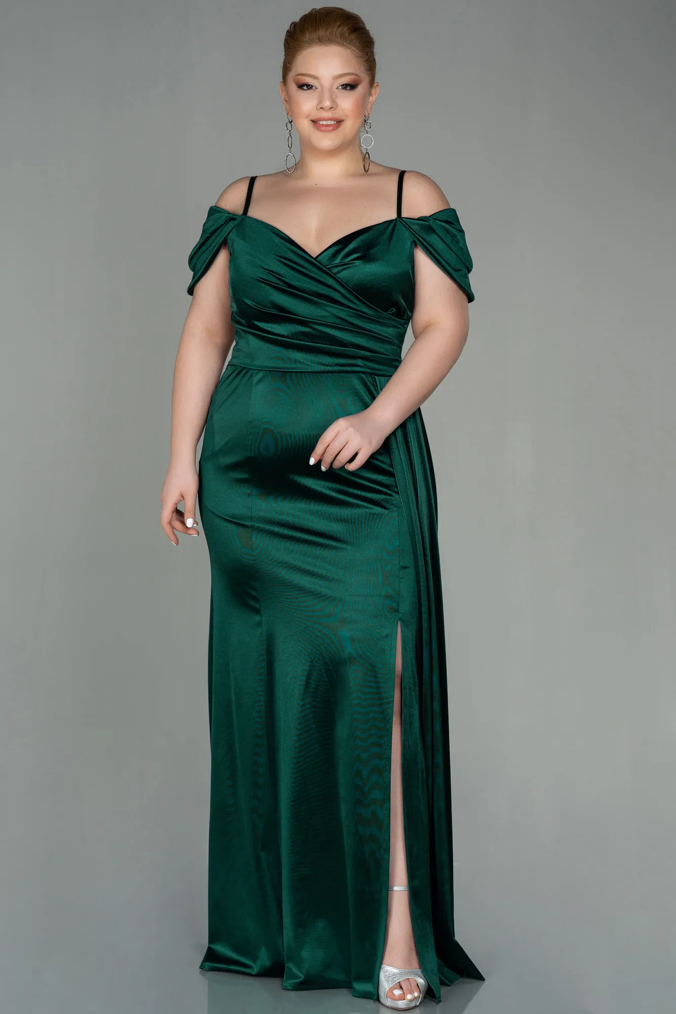 Emerald Green-Long Satin Plus Size Evening Dress ABU2855