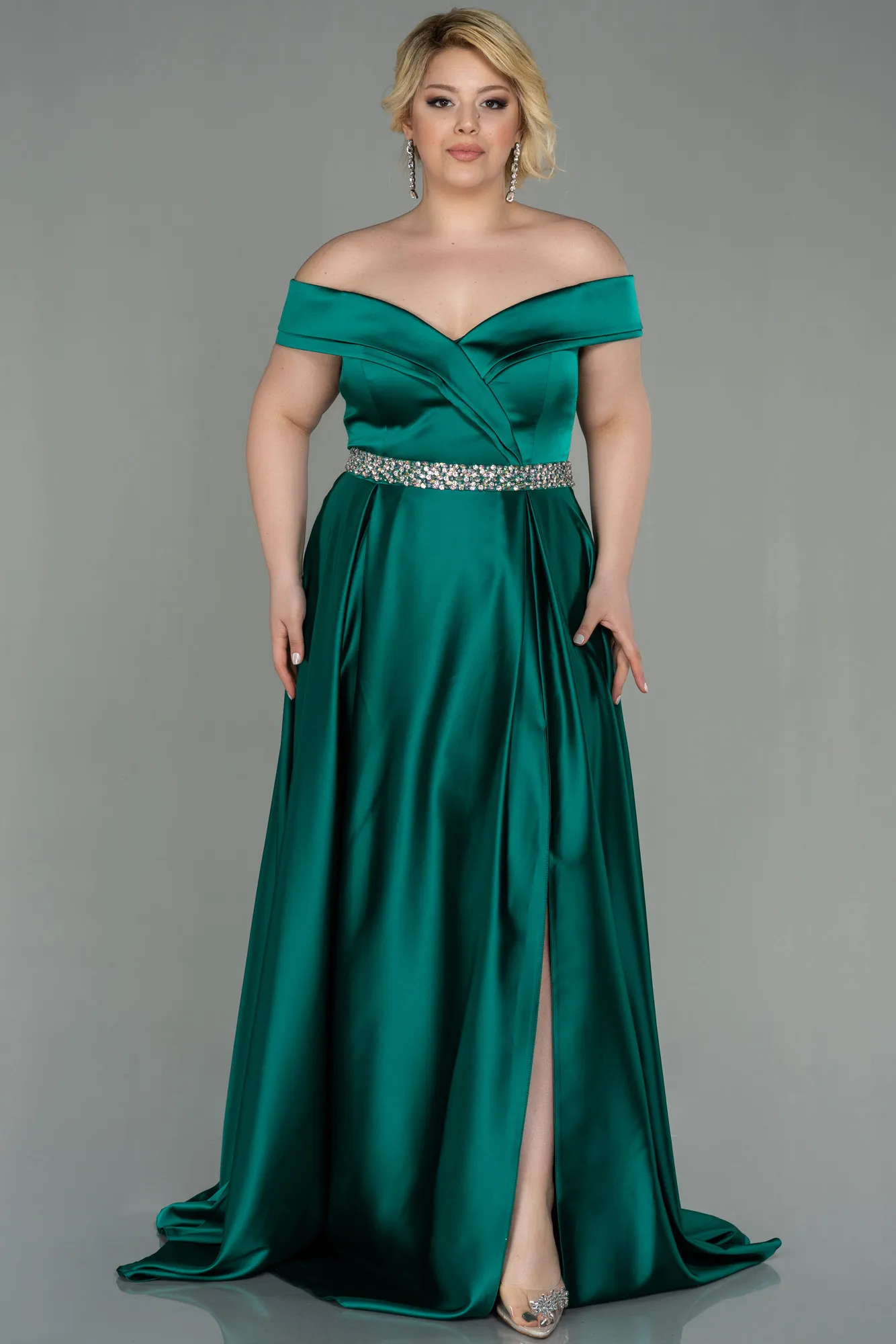 Emerald Green-Long Satin Plus Size Evening Dress ABU3017