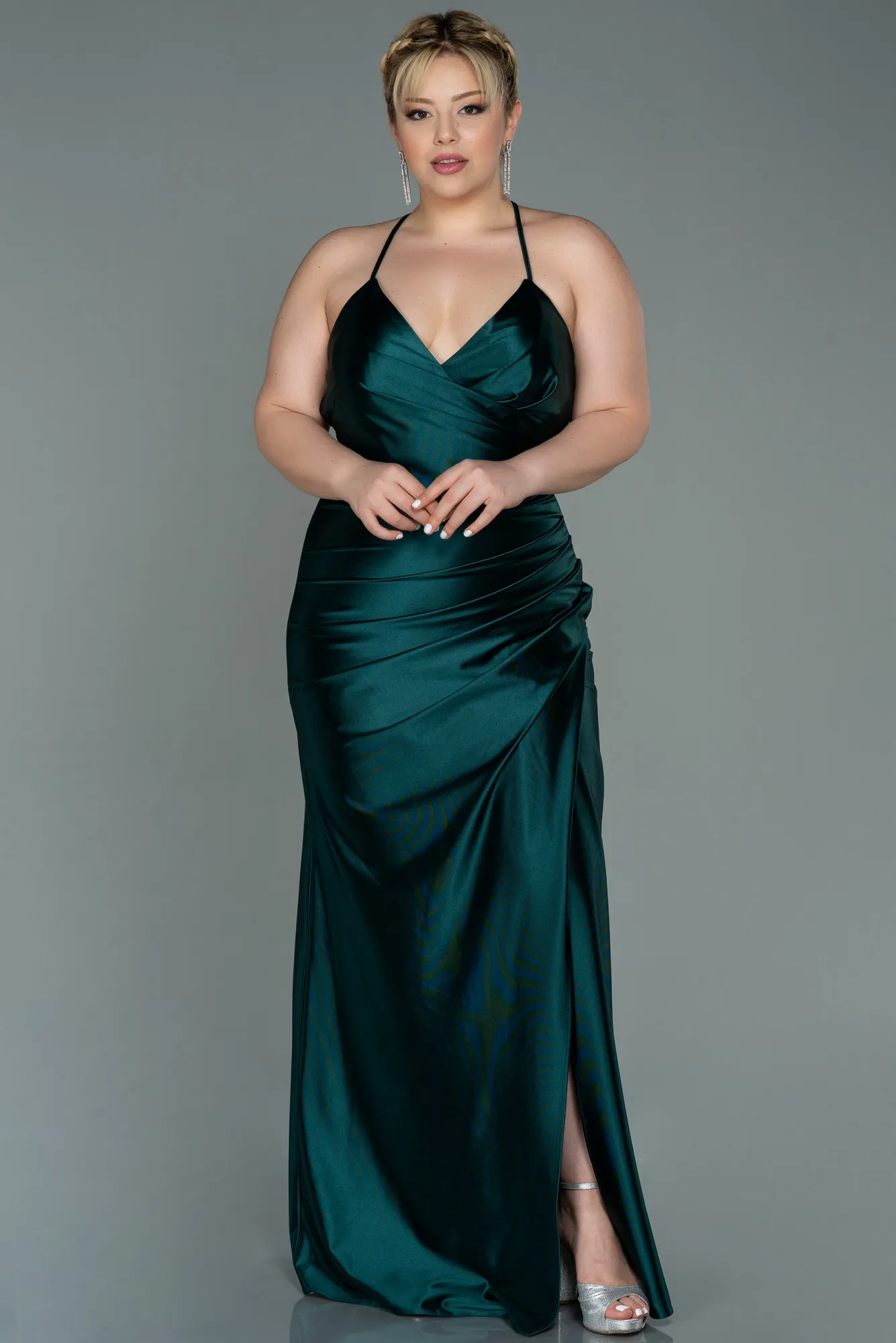 Emerald Green-Long Satin Plus Size Evening Dress ABU3053