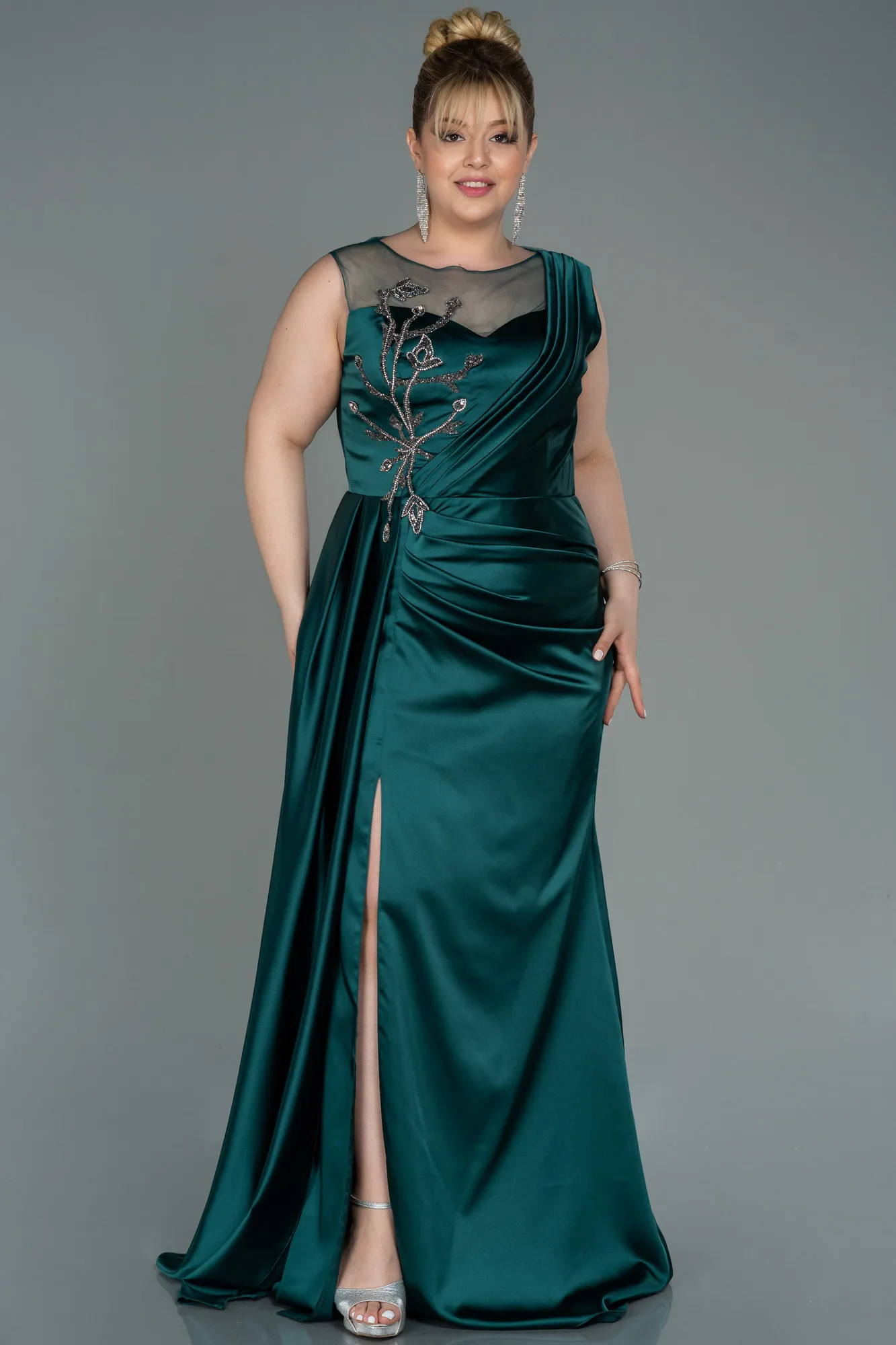 Emerald Green-Long Satin Plus Size Evening Dress ABU3125