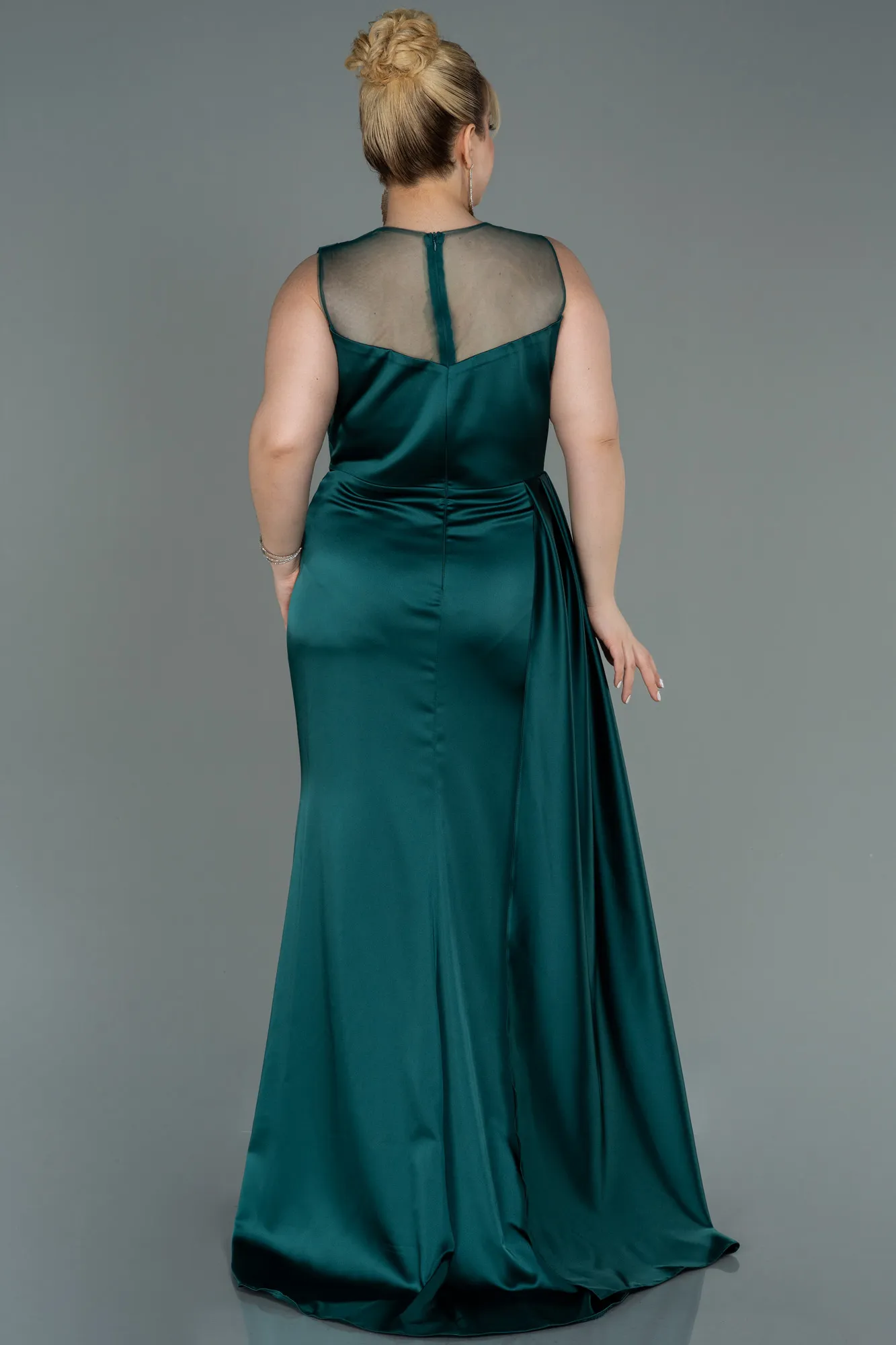 Emerald Green-Long Satin Plus Size Evening Dress ABU3125