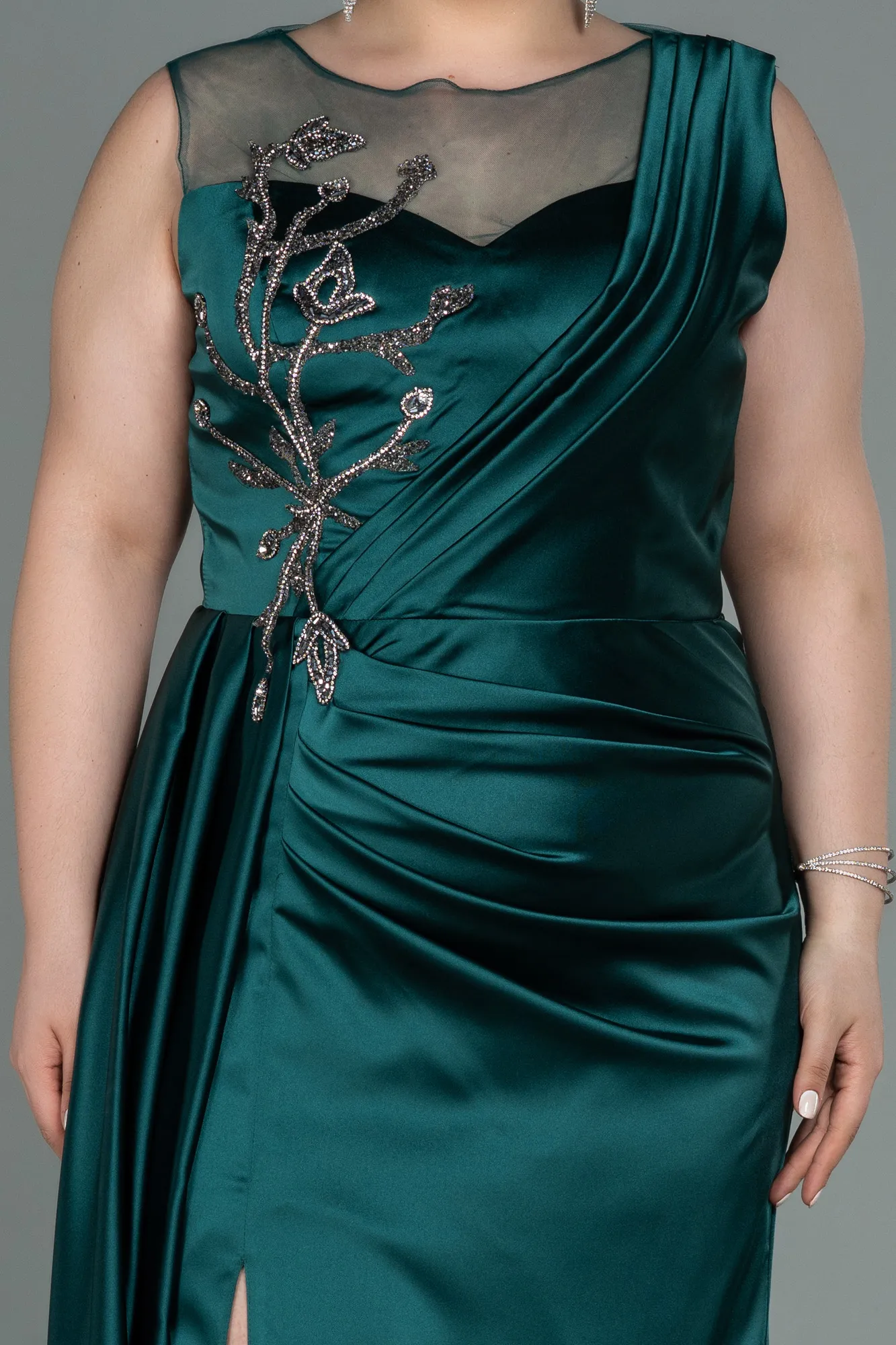 Emerald Green-Long Satin Plus Size Evening Dress ABU3125