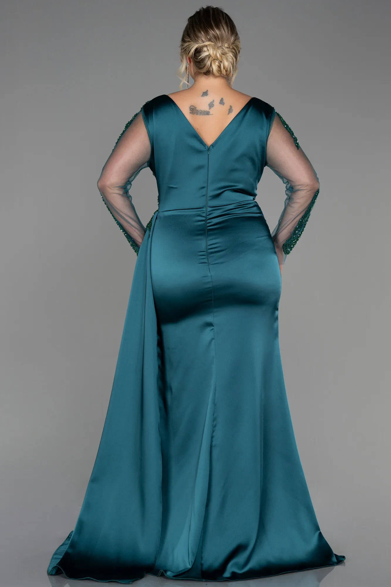 Emerald Green-Long Satin Plus Size Evening Dress ABU3223