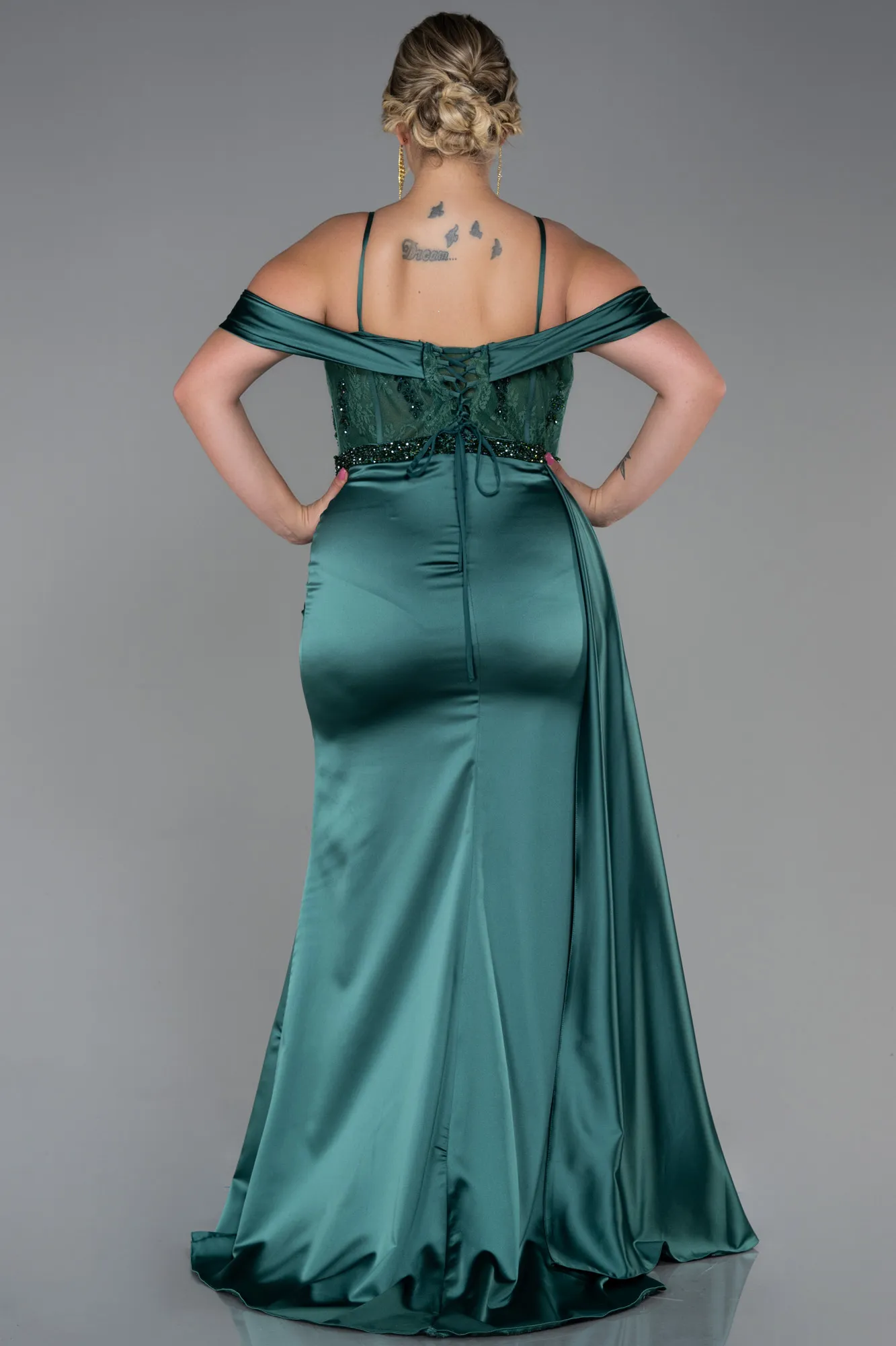 Emerald Green-Long Satin Plus Size Evening Dress ABU3228