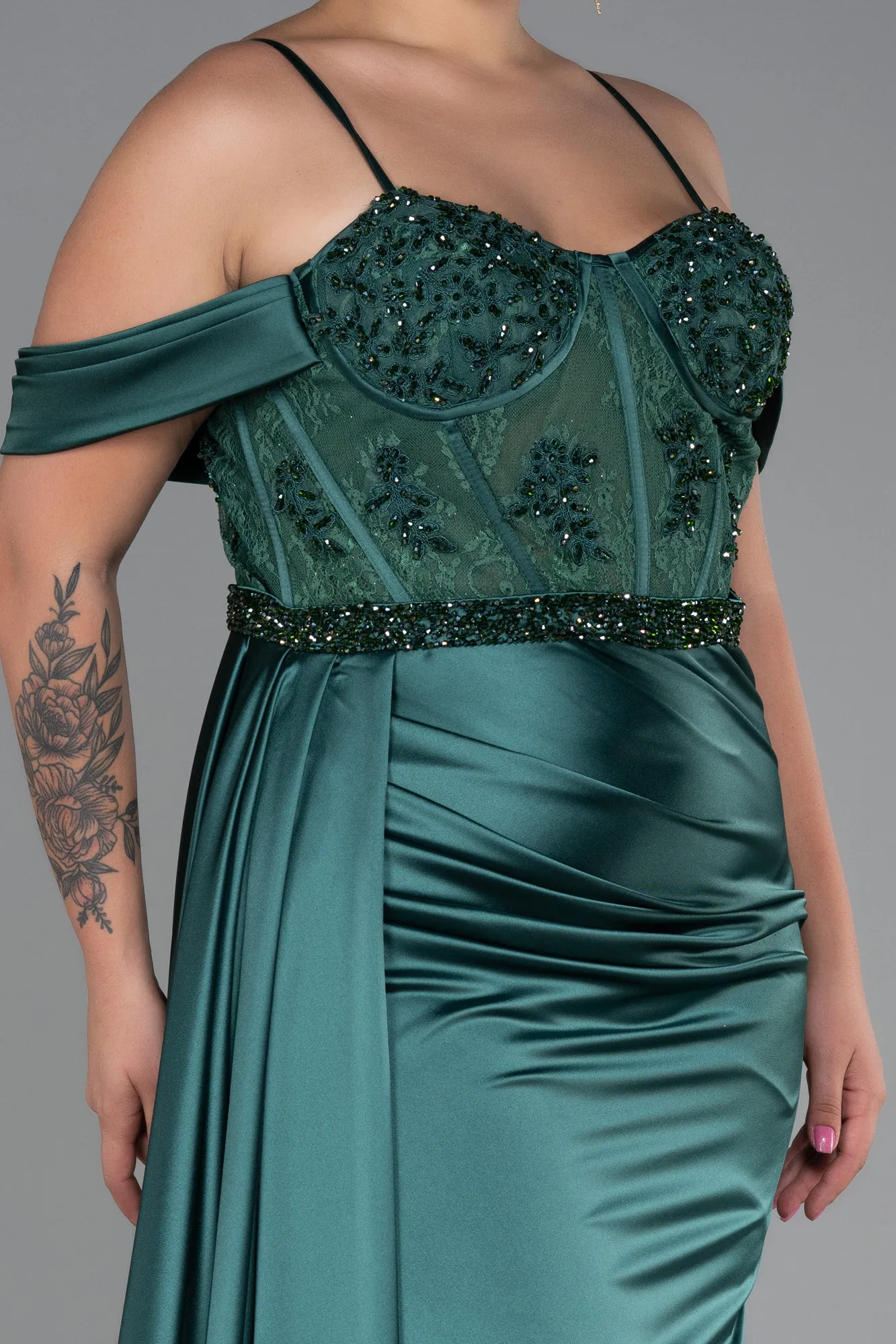 Emerald Green-Long Satin Plus Size Evening Dress ABU3228