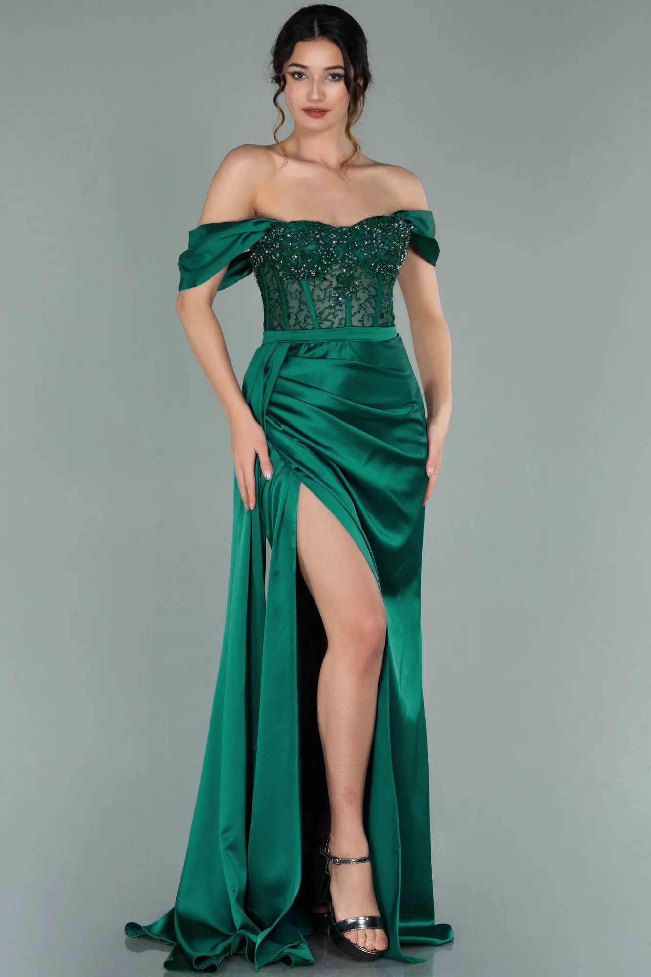 Emerald Green-Long Satin Plus Size Evening Dress ABU3236