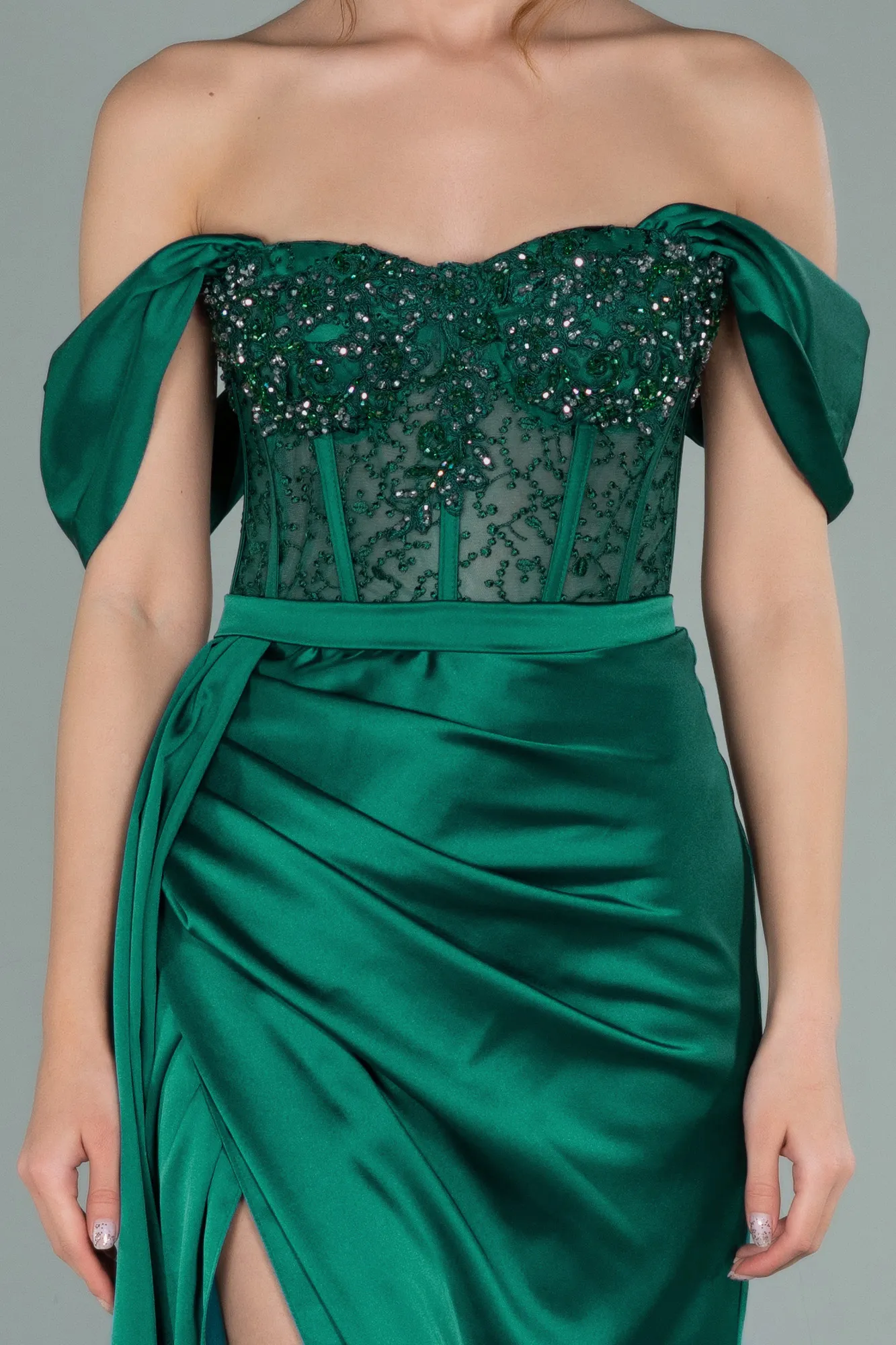 Emerald Green-Long Satin Plus Size Evening Dress ABU3236