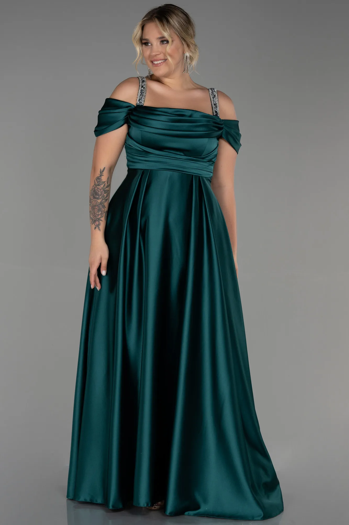 Emerald Green-Long Satin Plus Size Evening Dress ABU3277