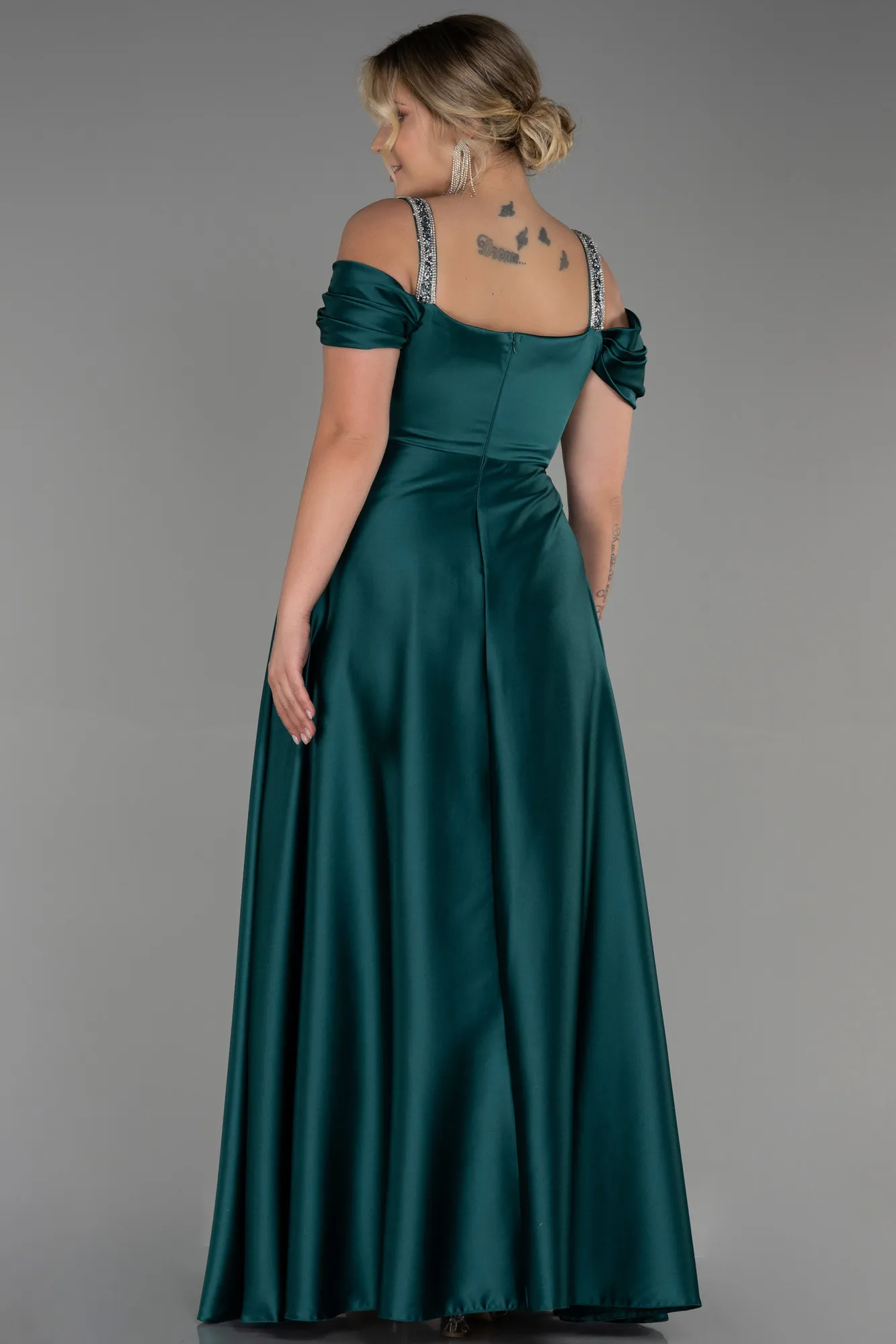 Emerald Green-Long Satin Plus Size Evening Dress ABU3277