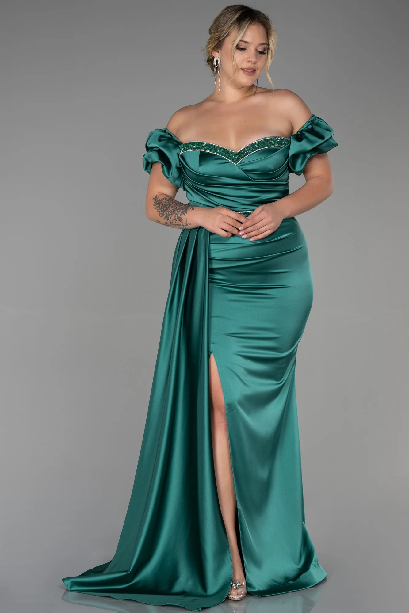 Emerald Green-Long Satin Plus Size Evening Dress ABU3332