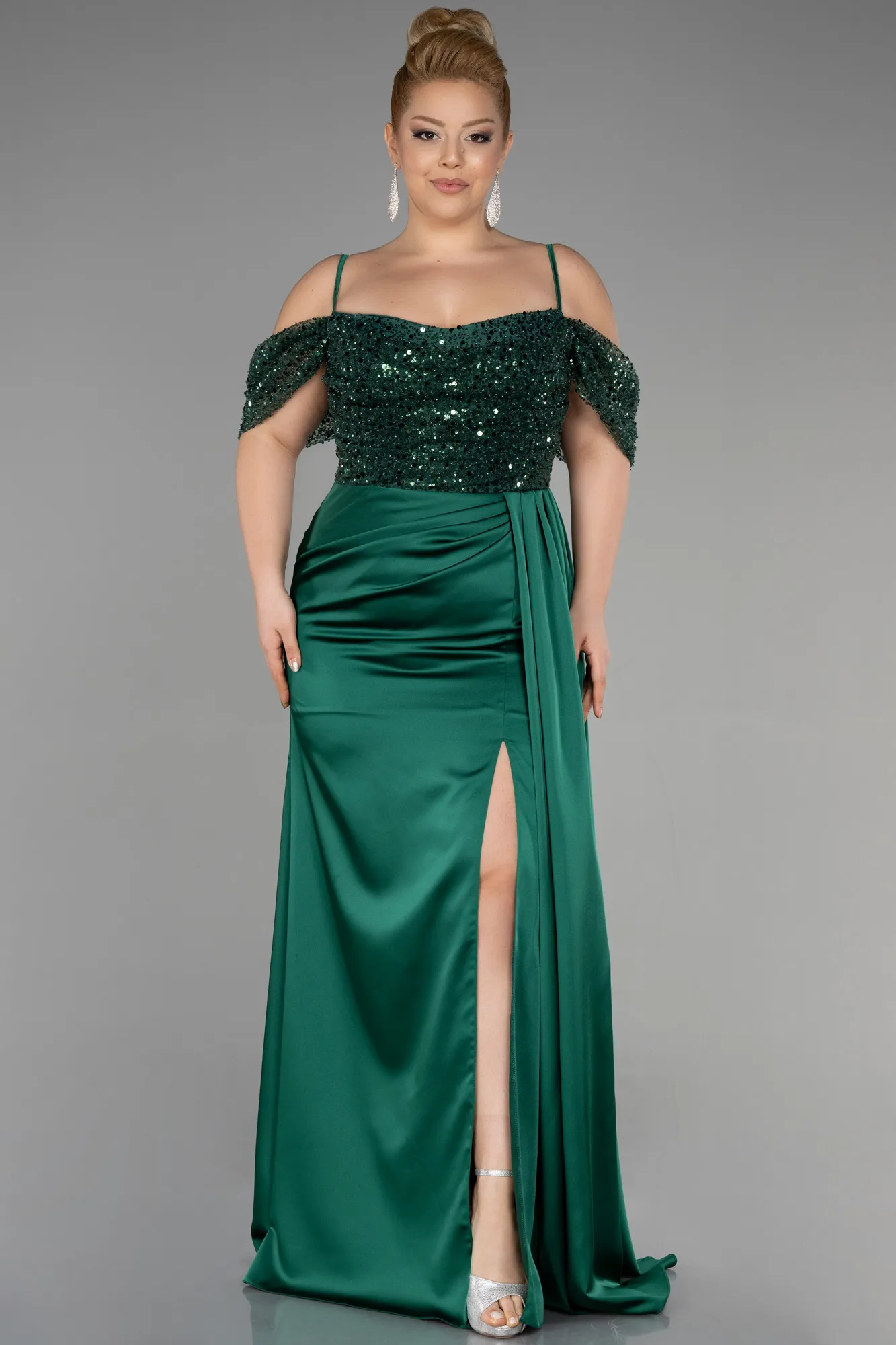Emerald Green-Long Satin Plus Size Evening Dress ABU3522