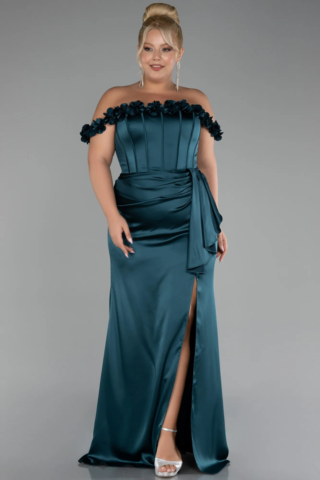 Emerald Green-Long Satin Plus Size Evening Gown ABU4046