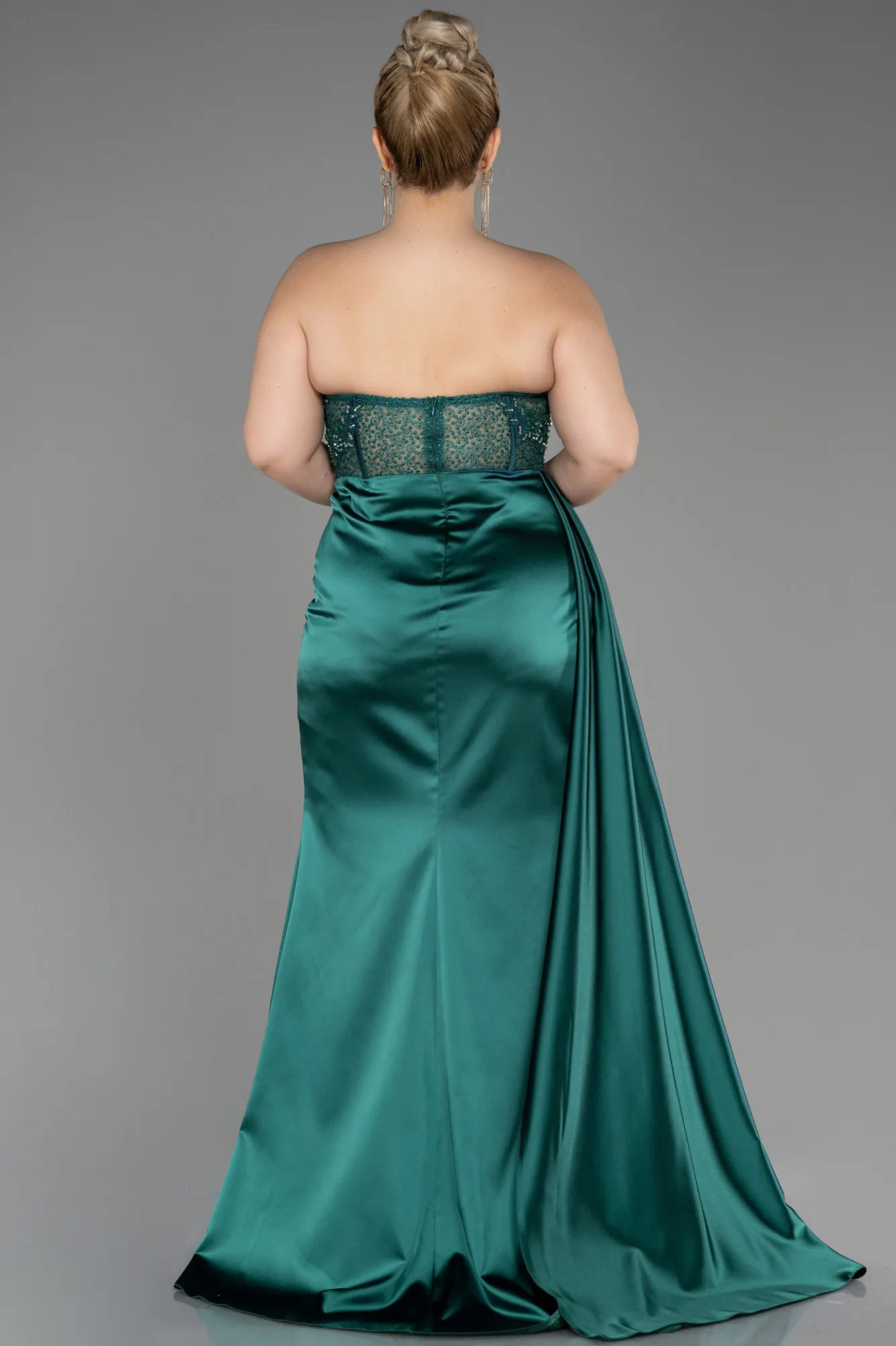 Emerald Green-Long Satin Plus Size Prom Dress ABU3855