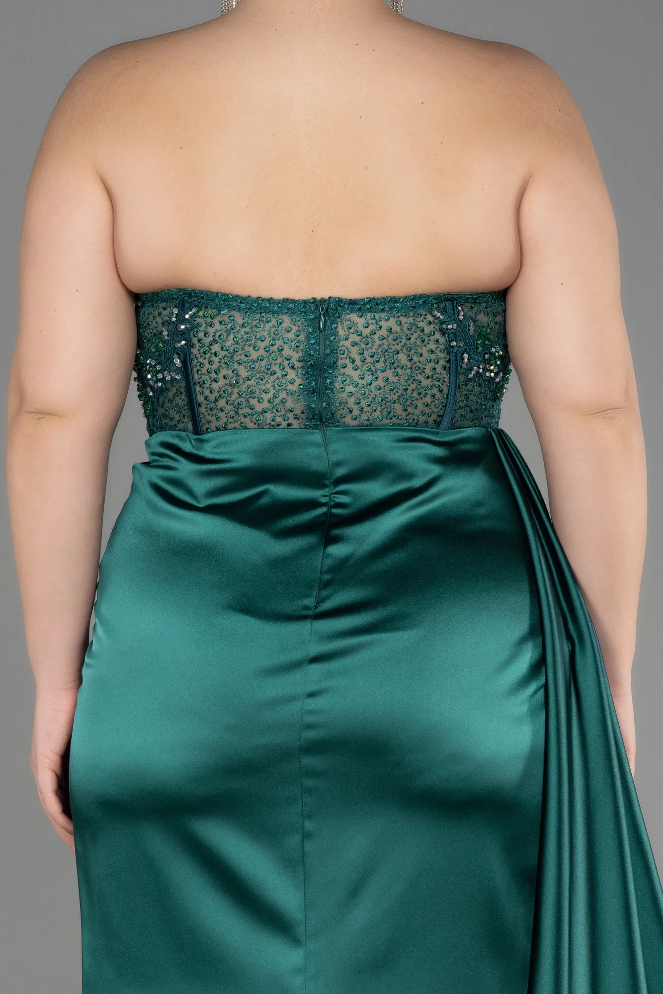 Emerald Green-Long Satin Plus Size Prom Dress ABU3855