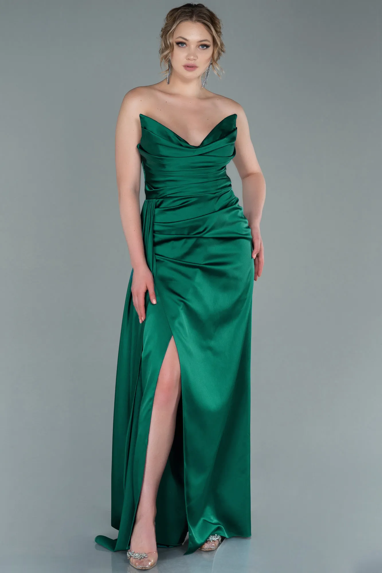 Emerald Green-Long Satin Prom Gown ABU2340