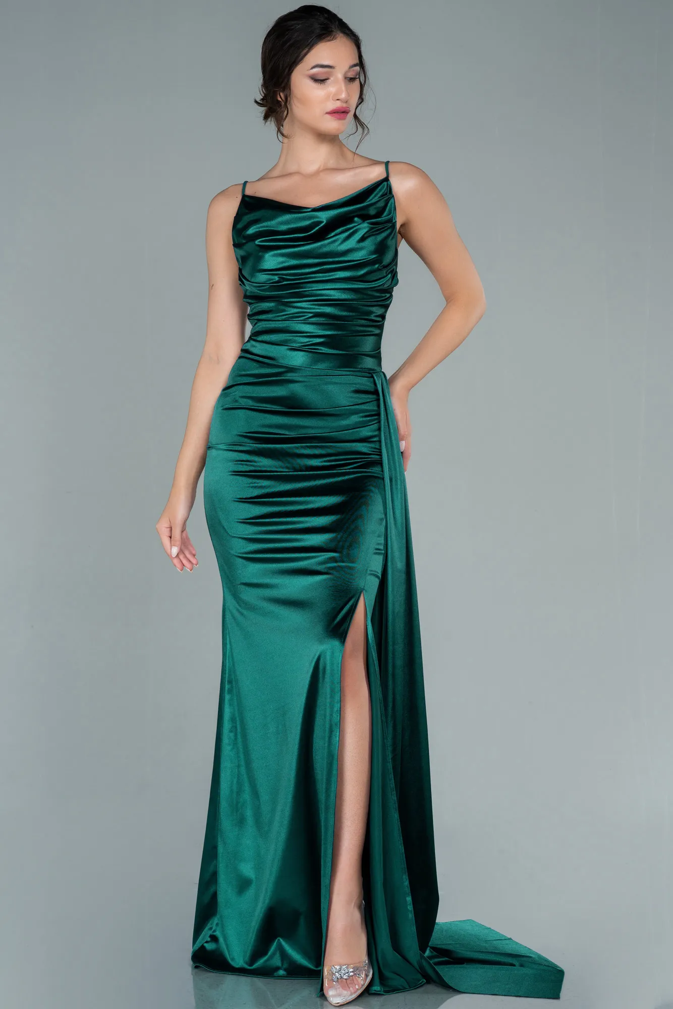 Emerald Green-Long Satin Prom Gown ABU2539