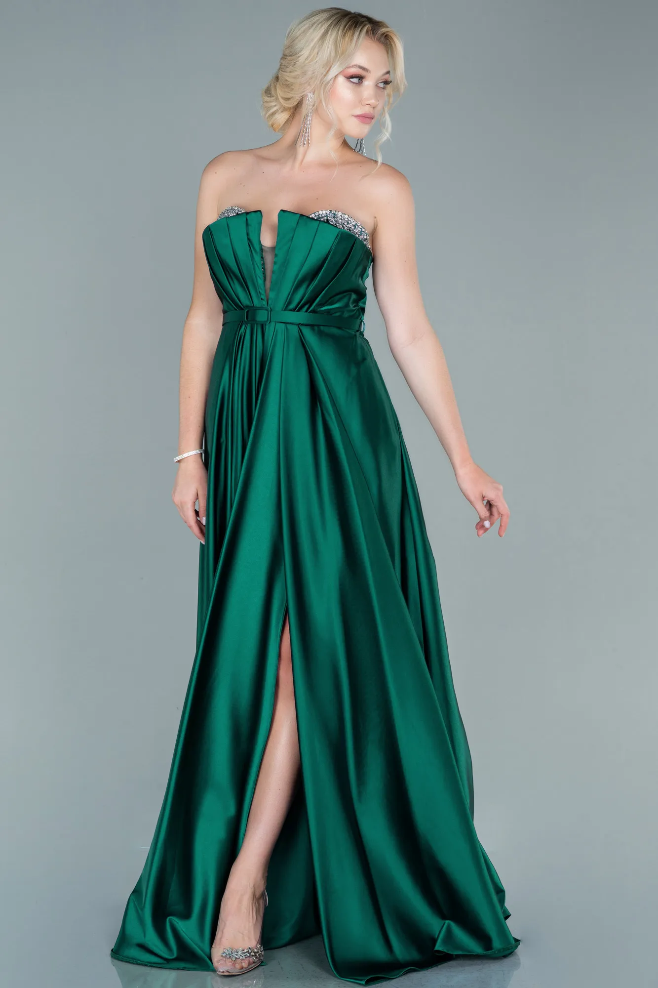 Emerald Green-Long Satin Prom Gown ABU2543