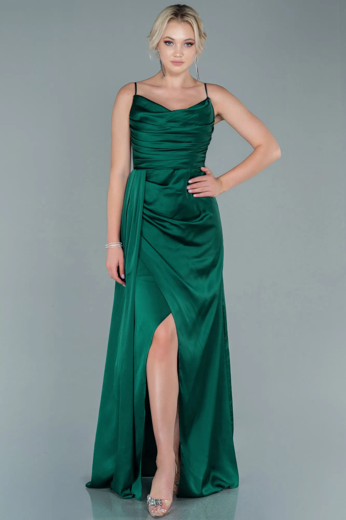 Emerald Green-Long Satin Prom Gown ABU2558