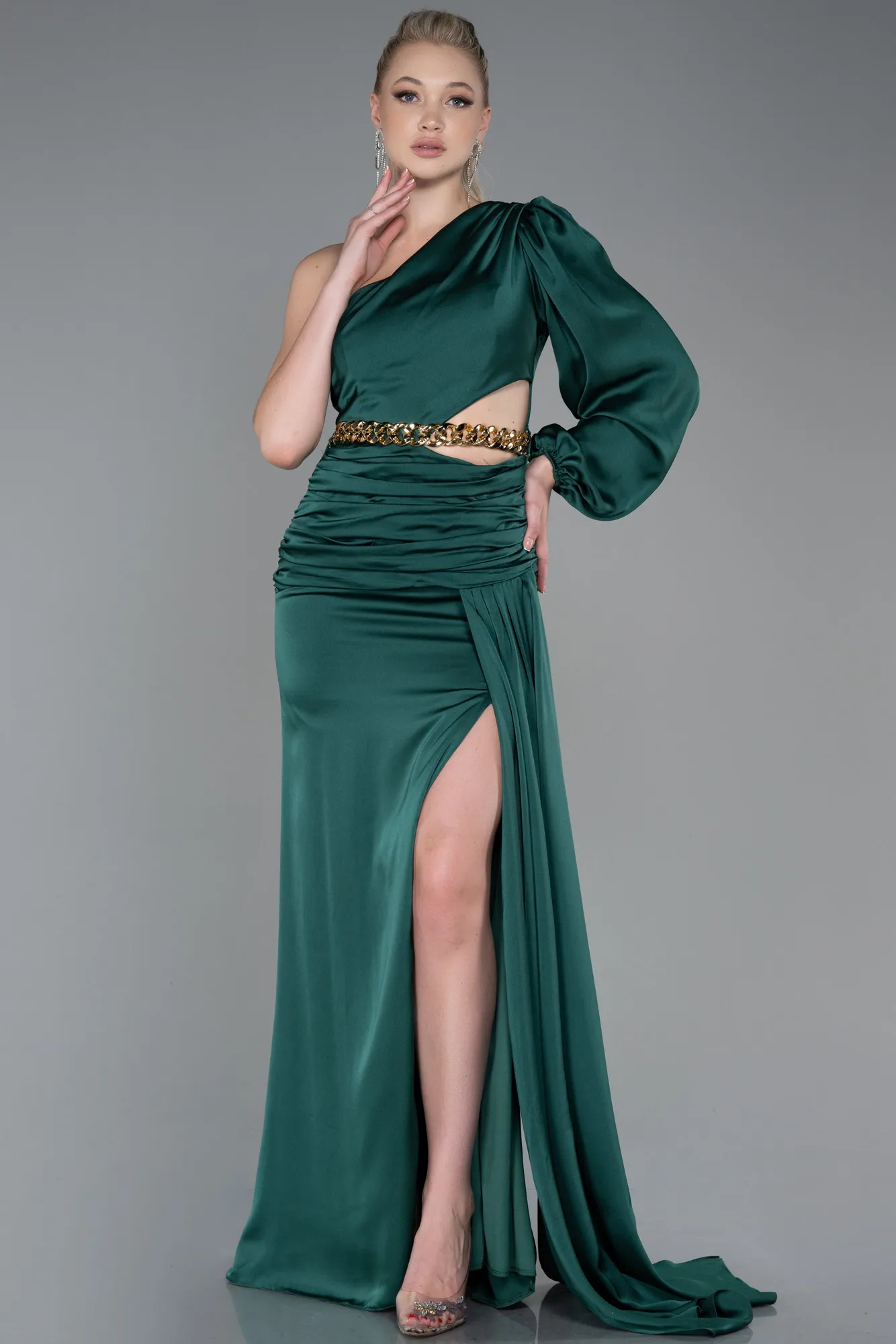 Emerald Green-Long Satin Prom Gown ABU2625