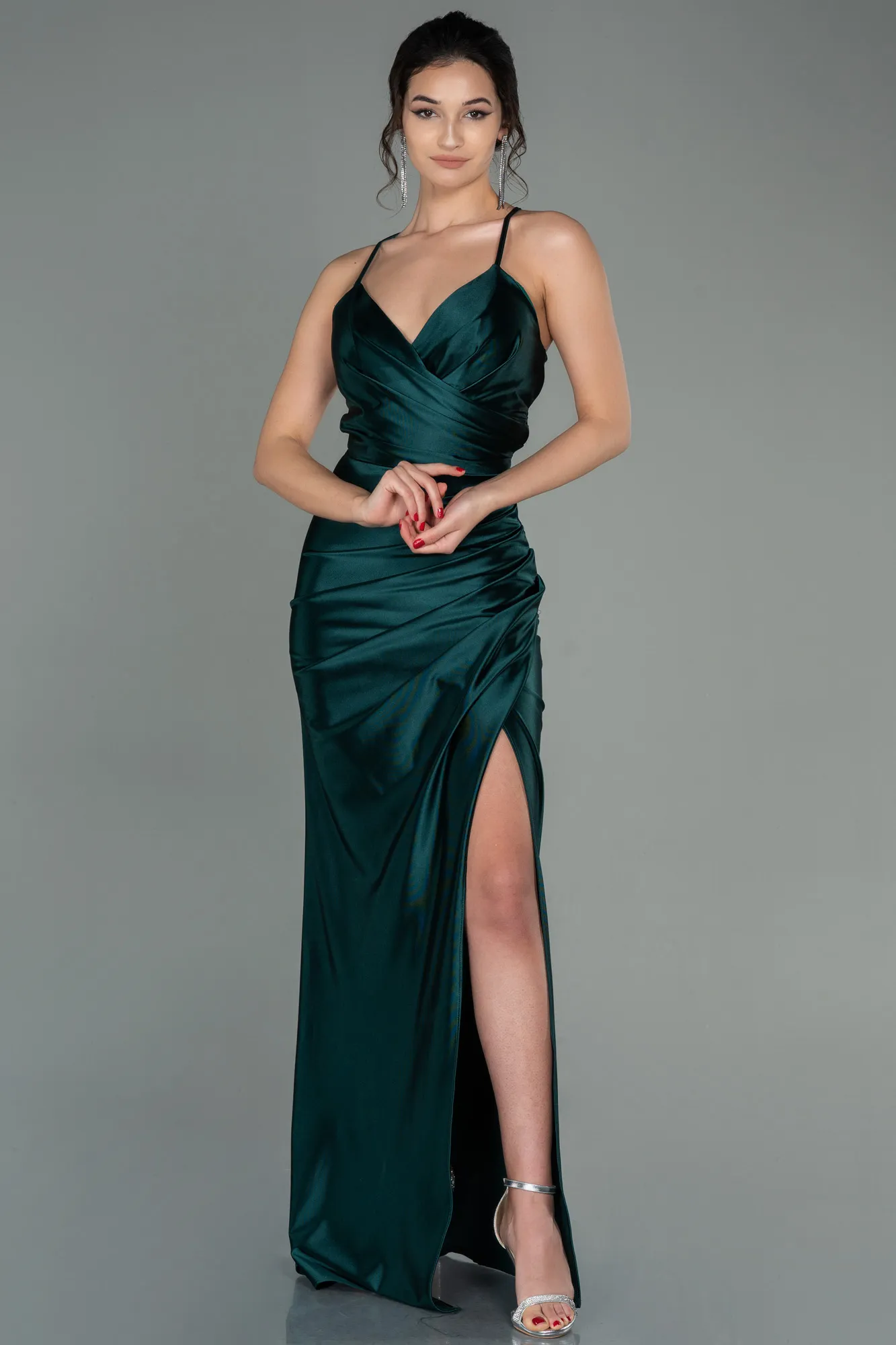 Emerald Green-Long Satin Prom Gown ABU2800