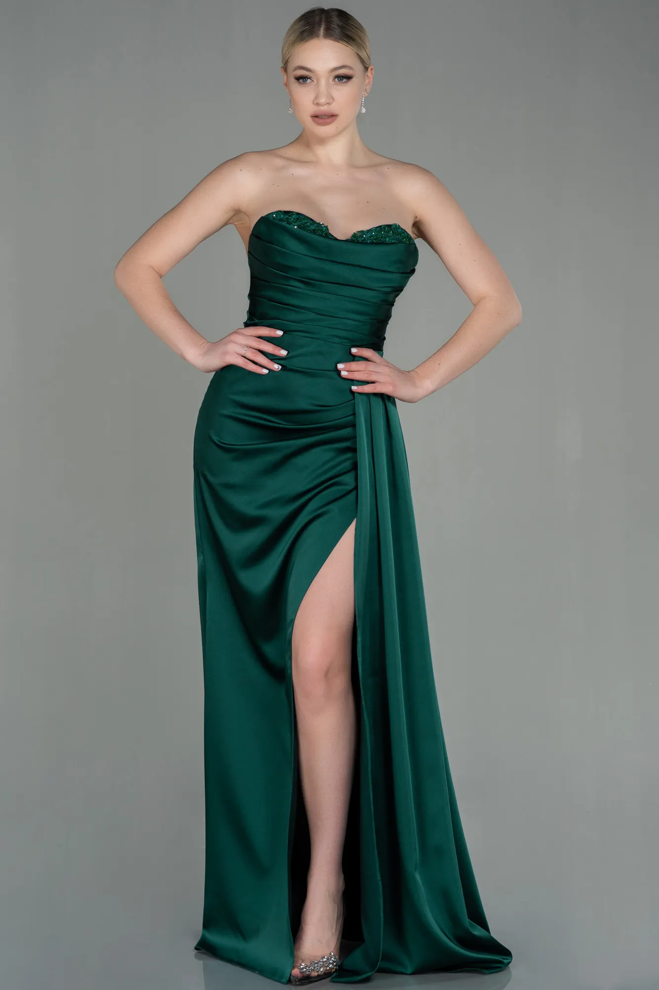 Emerald Green-Long Satin Prom Gown ABU2965