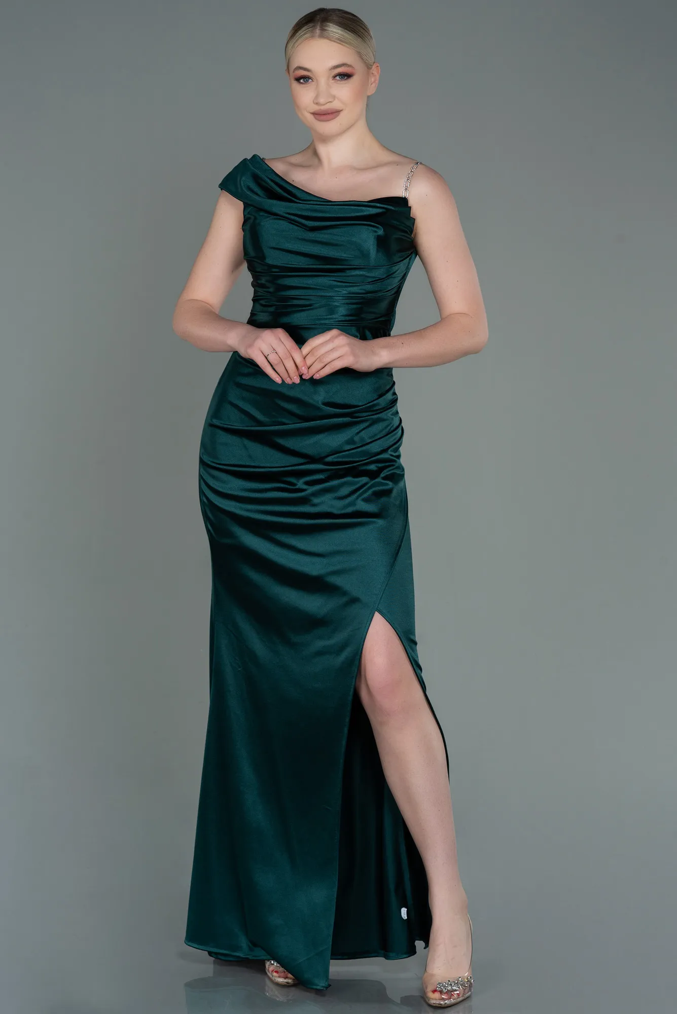 Emerald Green-Long Satin Prom Gown ABU3138